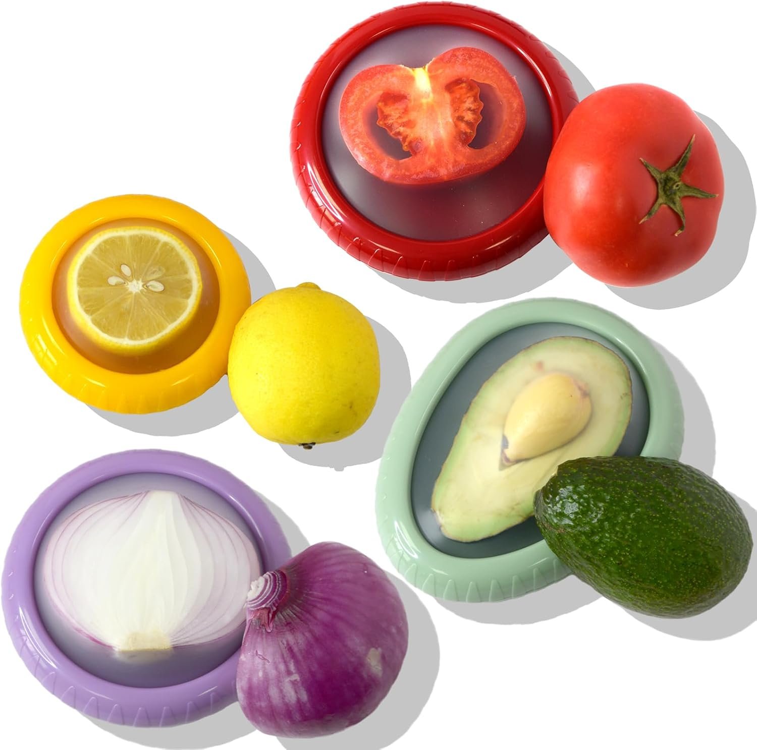 4 Pcs Reusable Avocado Onion Lemon Tomatoes Saver Keeper, Silicone Fruit and Vegetable Anti-Oxidation Storage Box Refrigerator, Fruit Veggie Holder Containers for Fridge (Cyan, Purple, Red And Yellow)