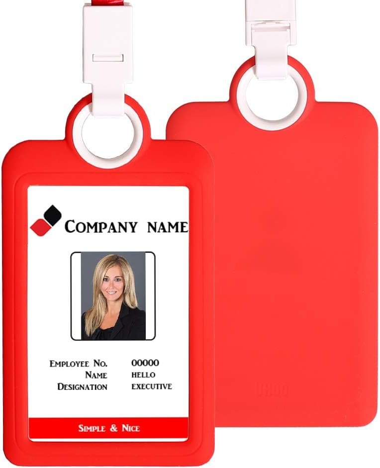 Badge Holder ID Silicon Card Holder Vertical with Lanyard Neck Strap Heavy Duty ID Card Business Card Offices Supplies (Red)
