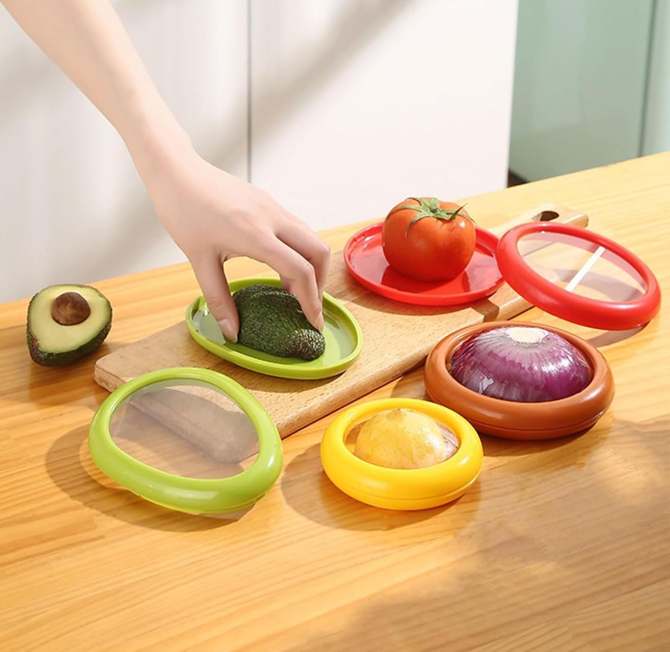 Silicone Fruit And Vegetable Containers For Fridge,Reusable Holder For Food Storage,Fresh Stretch Pods For Food Saver (Green,Red,Yellow,Brown), FDPOD-