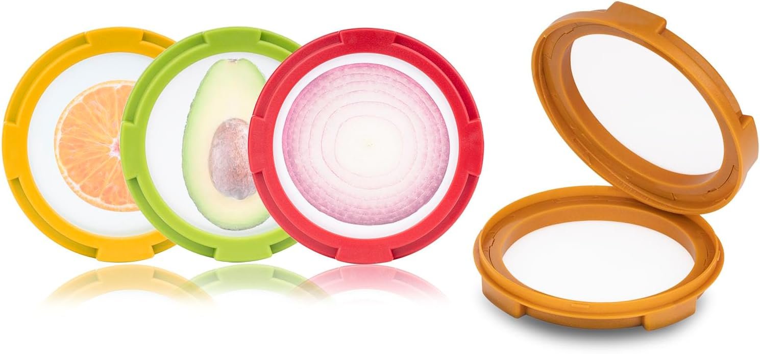 Ortarco 4Pcs Onion Storage Avocado Saver Holder, Lemons Garlic Tomato Peper Fruit Vegetable Container for Fridge (4PCS: Red+Yellow+Brown+Green)