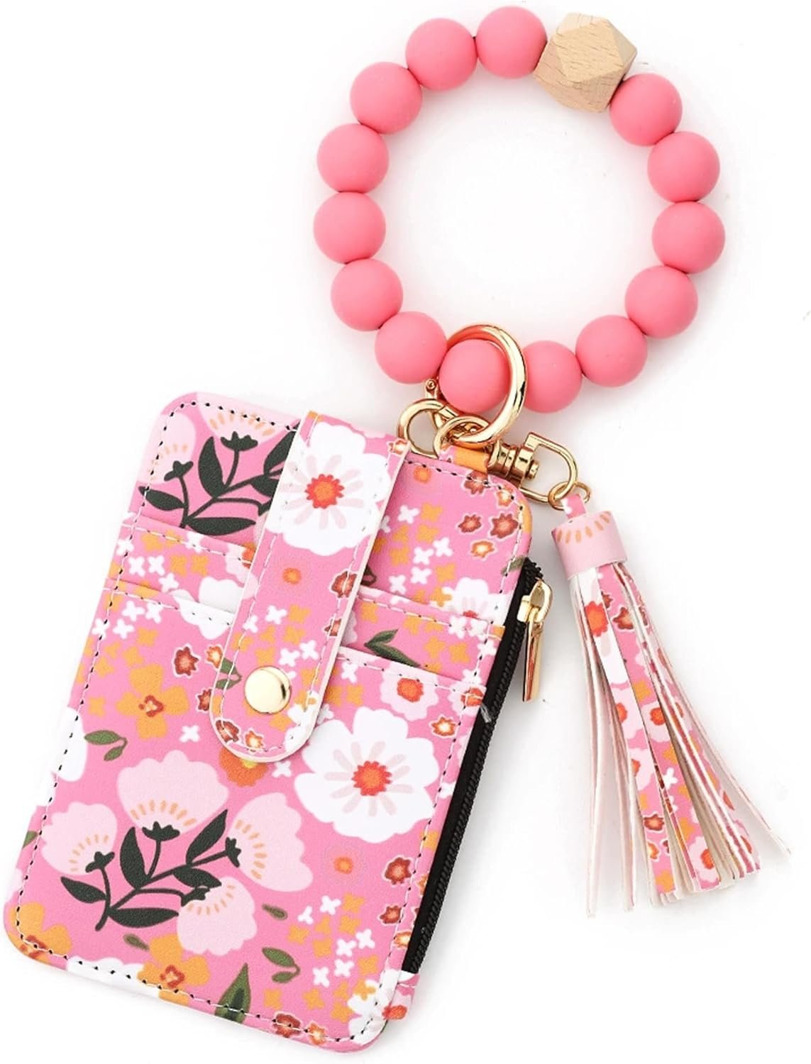 Flower Keychain Wristlet Wallets for Women Cute Silicone Beaded Credit Card Holder Key Ring Bracelet Wallet (Pink3)