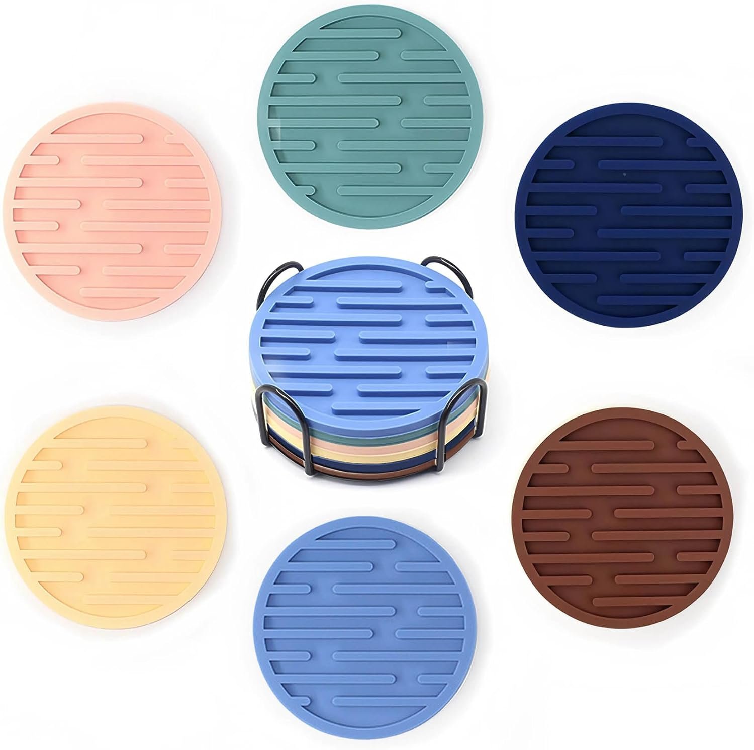 Silicone Coasters Set of 6, Drink Coasters with Holder, for Coffee Table, Office Desk, Cup Mat Set, Cup Coaster, Non-Slip and Non-Stick, 4 Inch - Multicolor