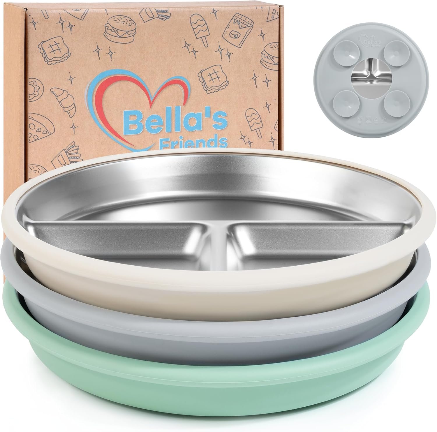 Bella's Friends Stainless Steel Kids Plates 8" Suction Plate for Baby,3 Packs Non-Toxic Divided Toddler Plates,Food-Grade Silicone Plate for Baby,Dishwasher Safe,beige,grey,green