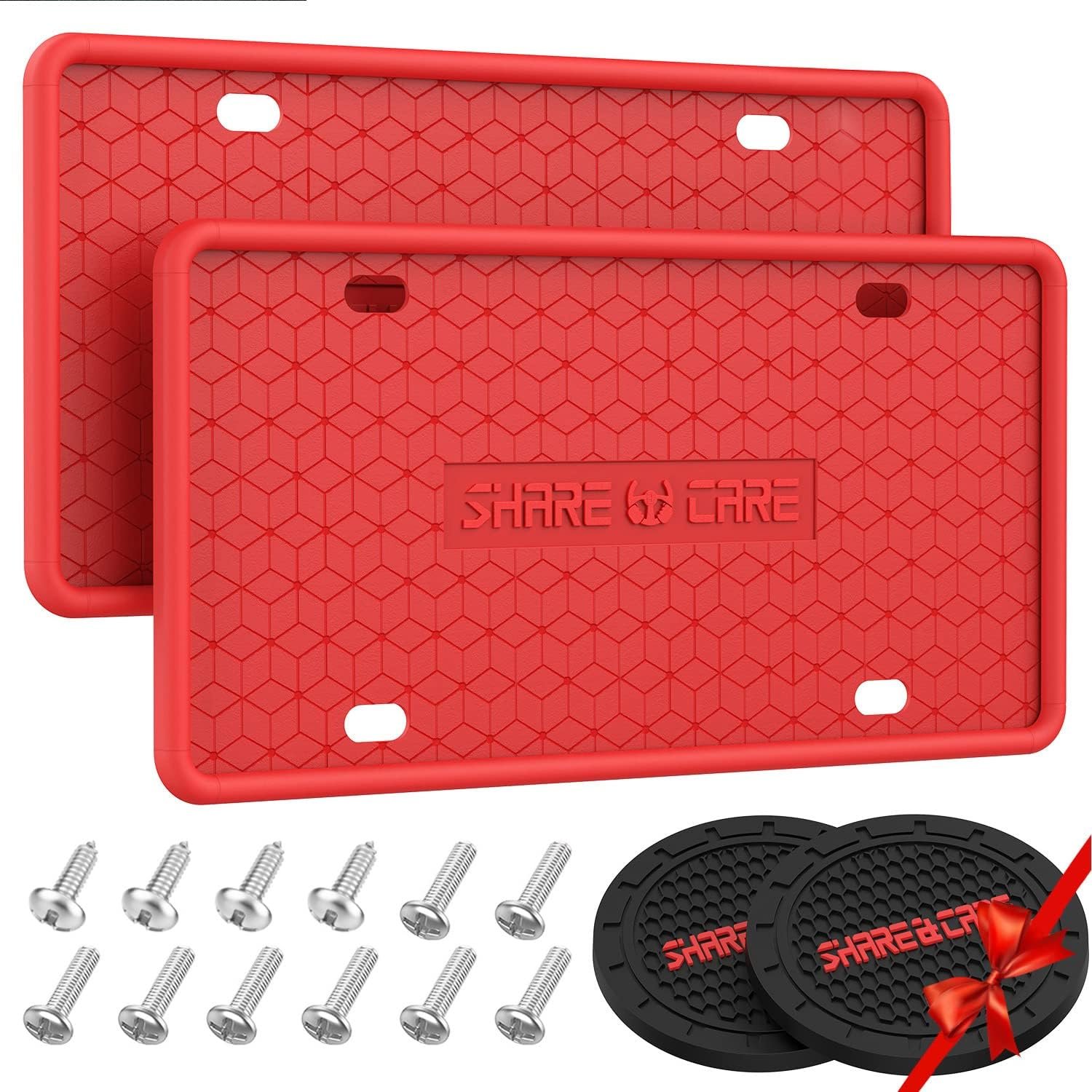 2 Pack Silicone License Plate Frame, Front Back License Plate Cover, License Plate Bracket Holder Rust-Proof, Rattle-Proof, Weather-Proof for US CA Standard Car & 2Pcs Water Coaster (Red)