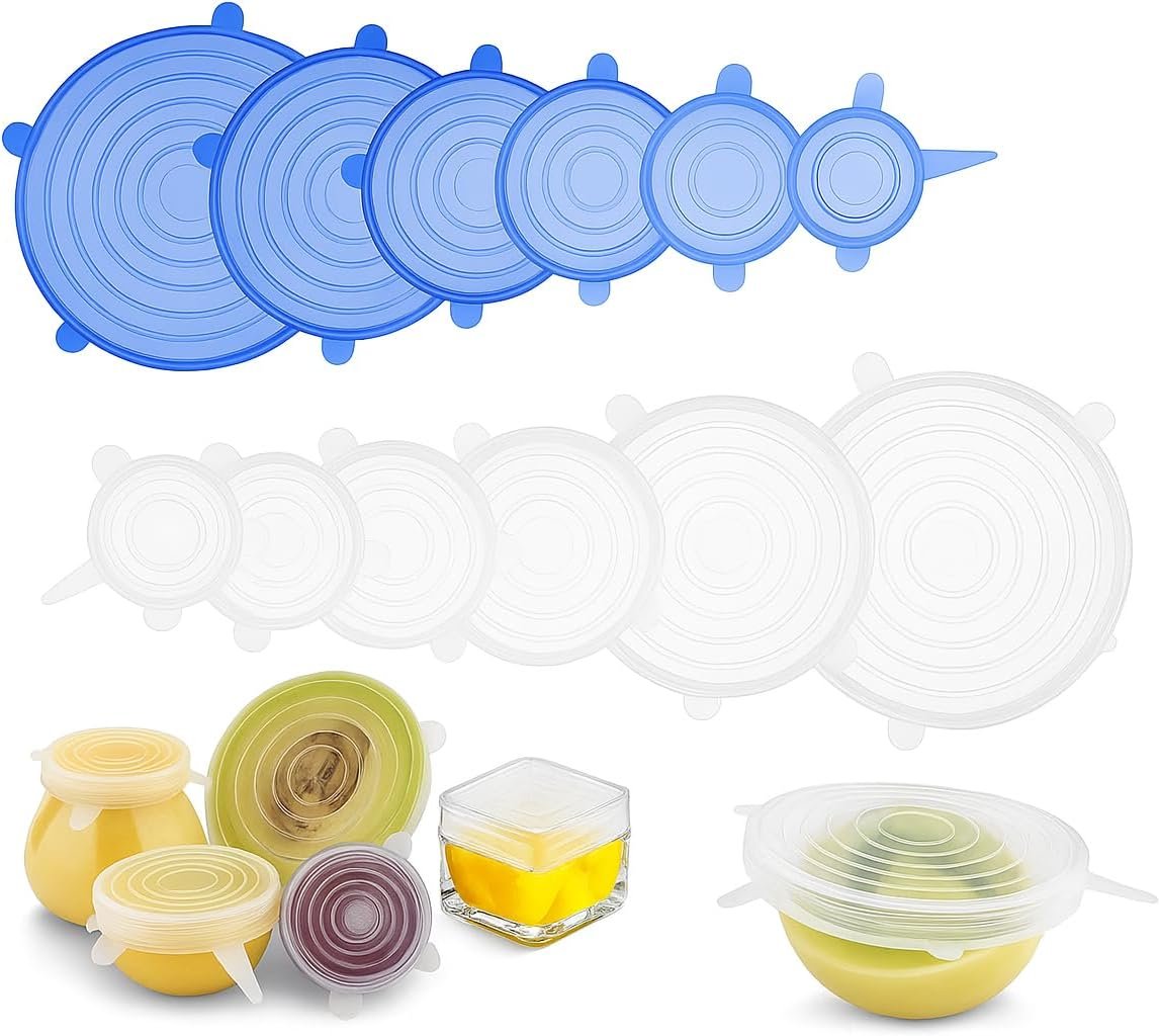 12pcs Reusable Silicone Stretch Lids - Eco-Friendly, Durable Food Storage Silicone Covers for Bowl - 6 Different Sizes to Meet Most Containers, Dishwasher & Freezer Safe Silicone Lids