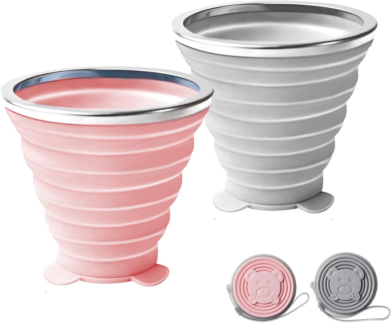 180ML Silicone Collapsible Cup 2 PCS Silicone Foldable Expandable Folding Drinking Cup Reusable Portable Cup collapsible travel cup with Lids For Travel Camping Hiking Outdoor Sports(Pink+Grey)