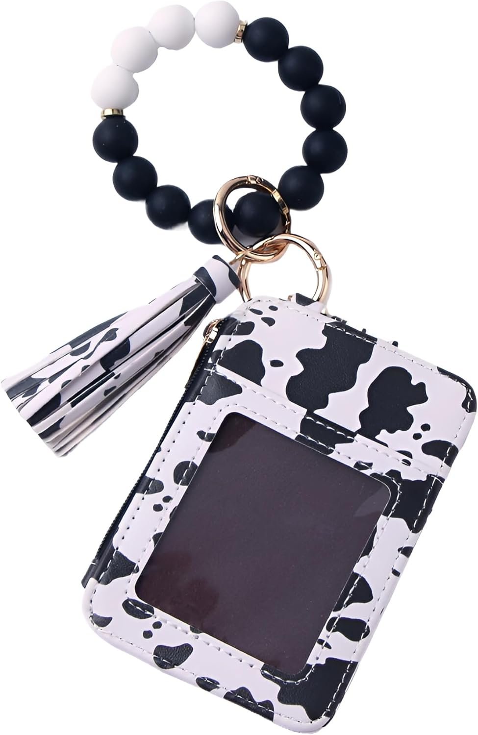 1Pcs Vibrant Leopard Black White Cow Print Silicone Beaded Wristlet Adjustable Keychain with Wallet Card Holder for Women Stylish Accessory