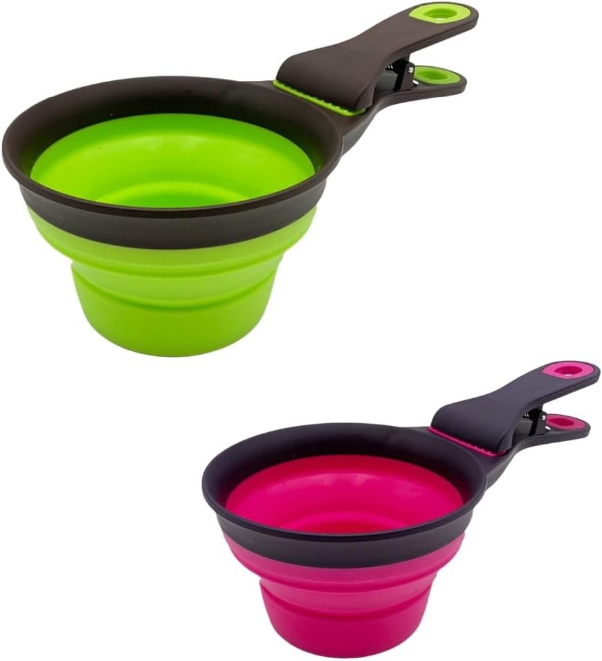 2 PCS Collapsible Pet Scoop Set,1 Cup & 1/2 Cup Capacity Silicone Measuring Cups with Sealing Clip,Multi-Function Scoop Bowls Bag Clip for Dog Cat Food Water.(Green,Pink)