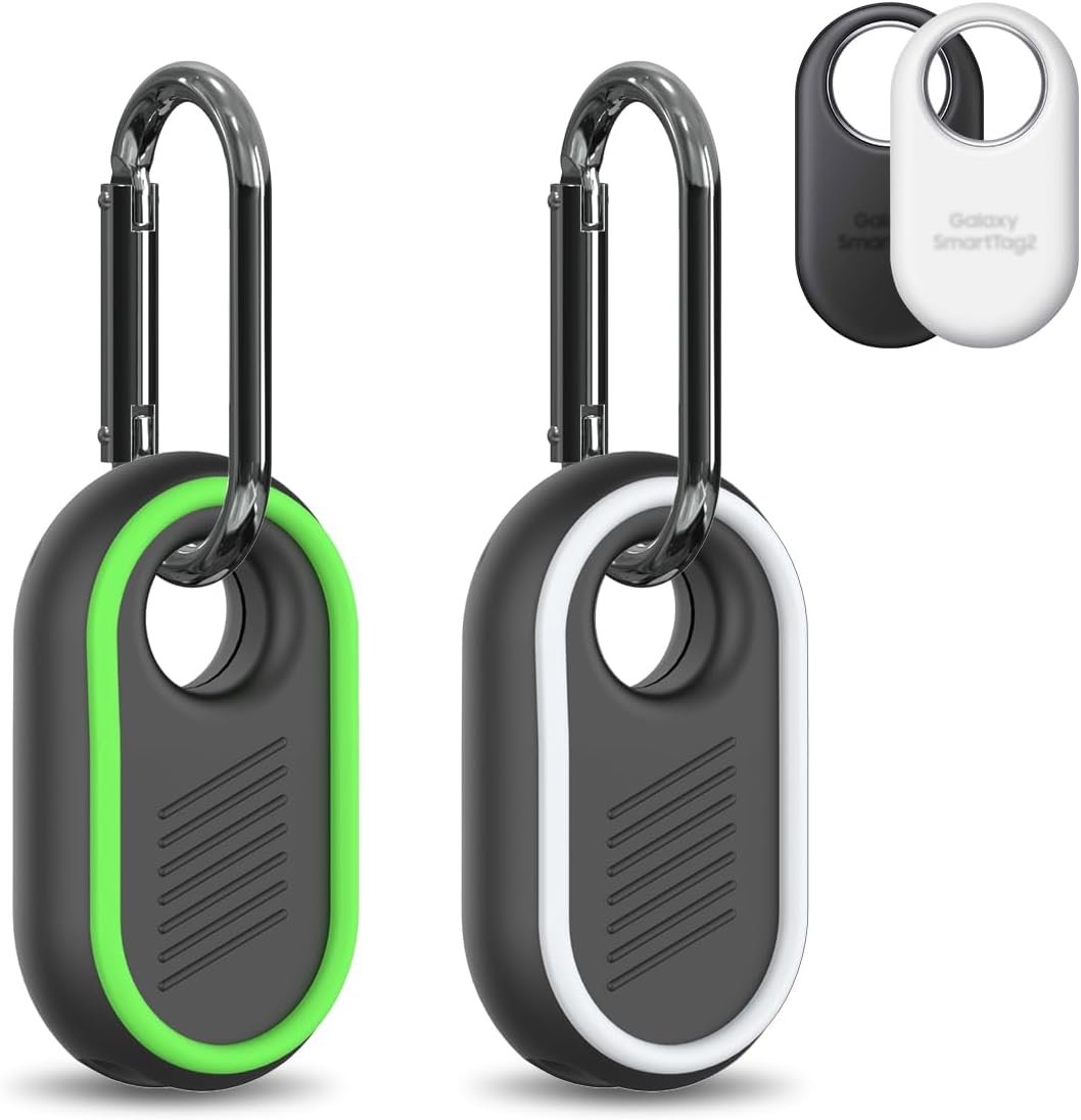 2 Pack Compatible for Samsung Galaxy SmartTag2 Case, Rugged Full Protective Anti-Slip Soft Silicone Case for Galaxy Smart Tag 2 with Key Ring, for Keys, Wallet, Luggage, Pets (White & Green)