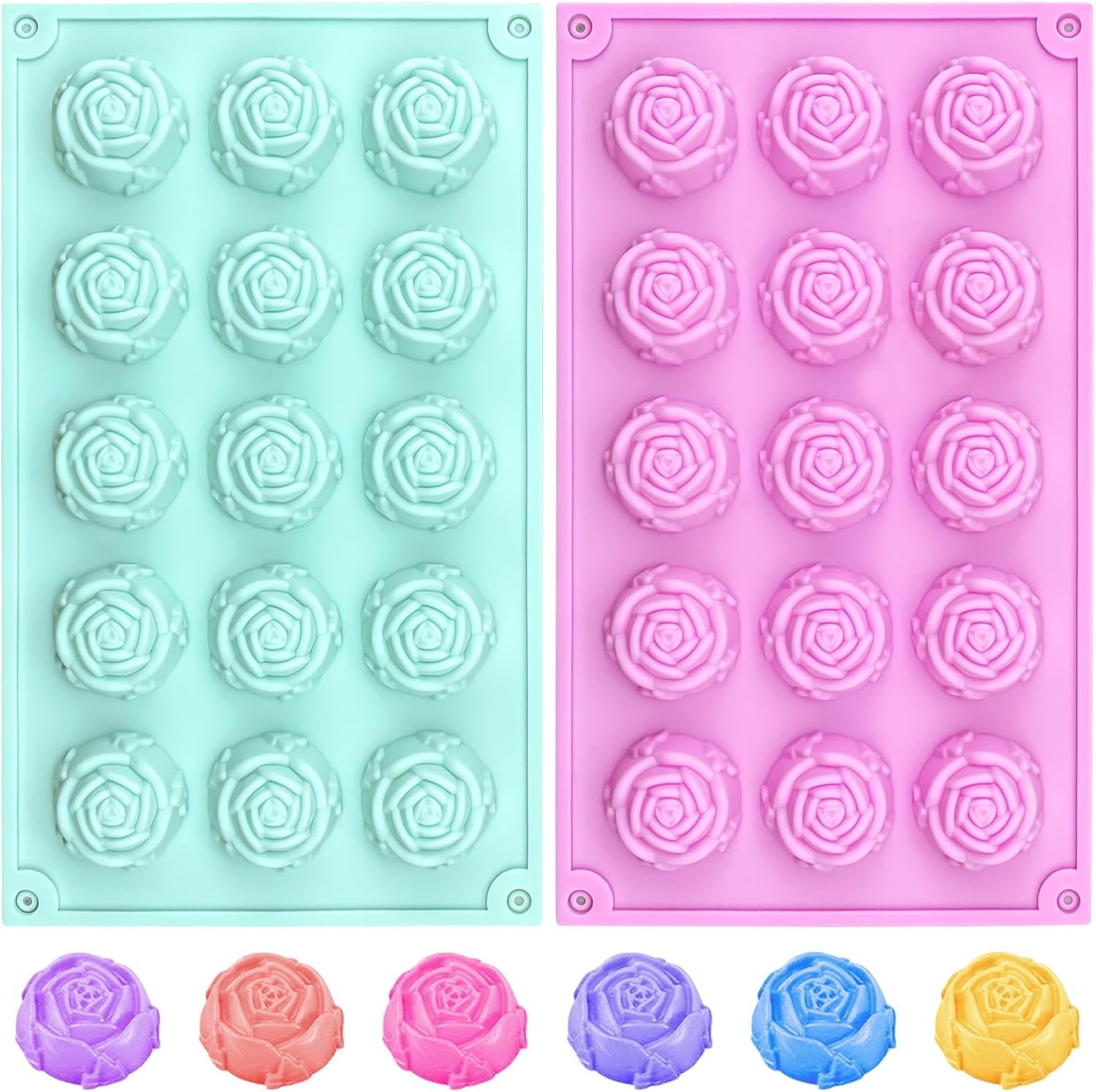 2 Pcs Rose Silicone Fondant Molds 15 Cavity Flower Cake Resin Mold Candy Chocolate Ice Cube Fondant Molds Kitchen Baking Tools for Sugarcraft Cake Decorating