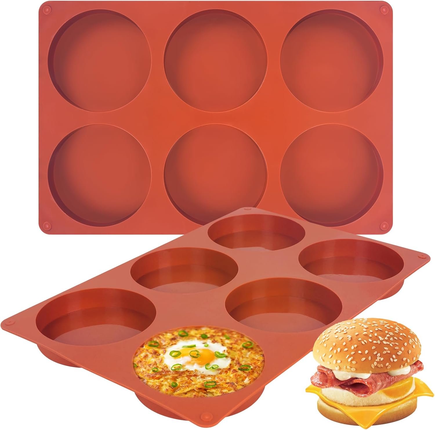 2 Pcs Silicone Egg Molds 4 Inch Jumbo Muffin Top Pans for Baking,Non-Stick 6 Holes Large Round Silicone Molds for Hamburger Egg Whoopie Pie Sandwich