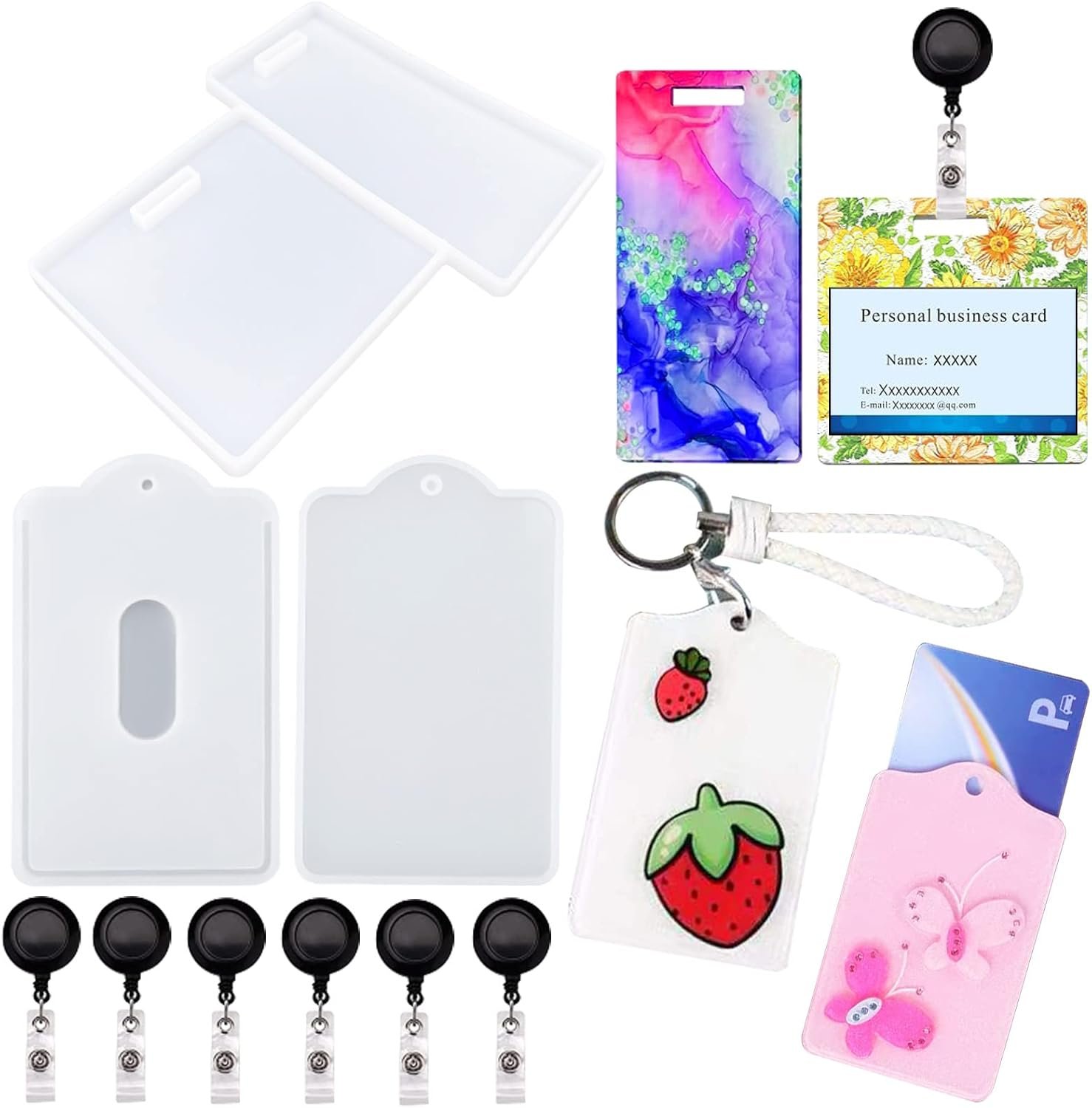 2 Set Resin Work Card Holder Silicone Mold with 6 Pieces ID Badge Reel Clip for Name Badge Buddy Tags ID Card Holder Resin Mold Making PVC ID IC Business Card Craft Handmade DIY Tool