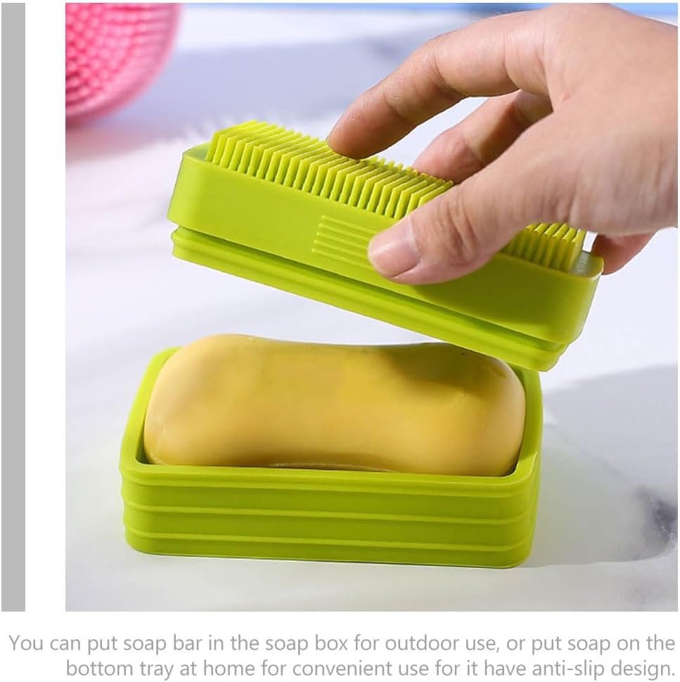 2-in-1 Silicone Scalp Scrubber and Soap Dispenser Rectangular Bar Soap Holder with Brush Travel Box for Bathroom Kitchen and Shower Use