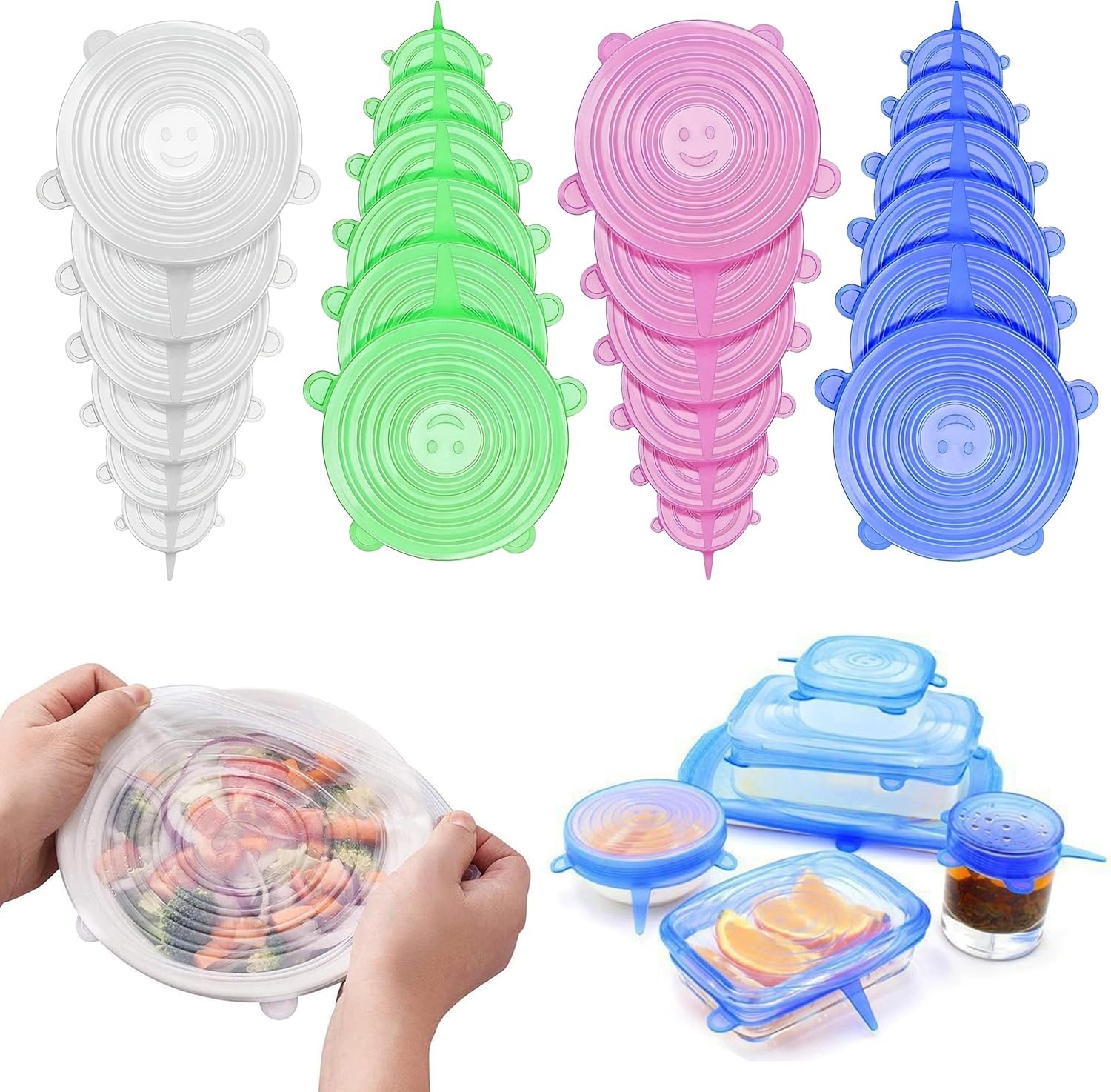 24 Pcs Reusable Silicone Stretch Lids, 6 Sizes for Versatile Food Storage, Safe and Easy-to-Clean Silicone Covers for Bowls and Containers