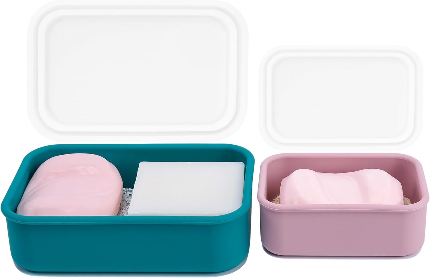 2PC Portable Leakproof Travel Soap Case, Silicone Travel Soap Case, Compact Soap Holder with Drainage Layer, Travel Soap Holder for Camping, Gym, Outdoor Turquoise&flamigo