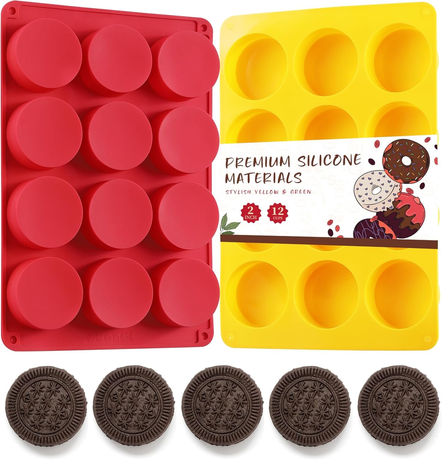 2PCS Silicone Cookie Chocolate Molds, Vituer 12-Cavity Round Silicone Baking Mold for Oreo, Candy, Chocolate, Cookie, Mini Cake and Jelly, Dishwasher Safe (Red+ Orange)