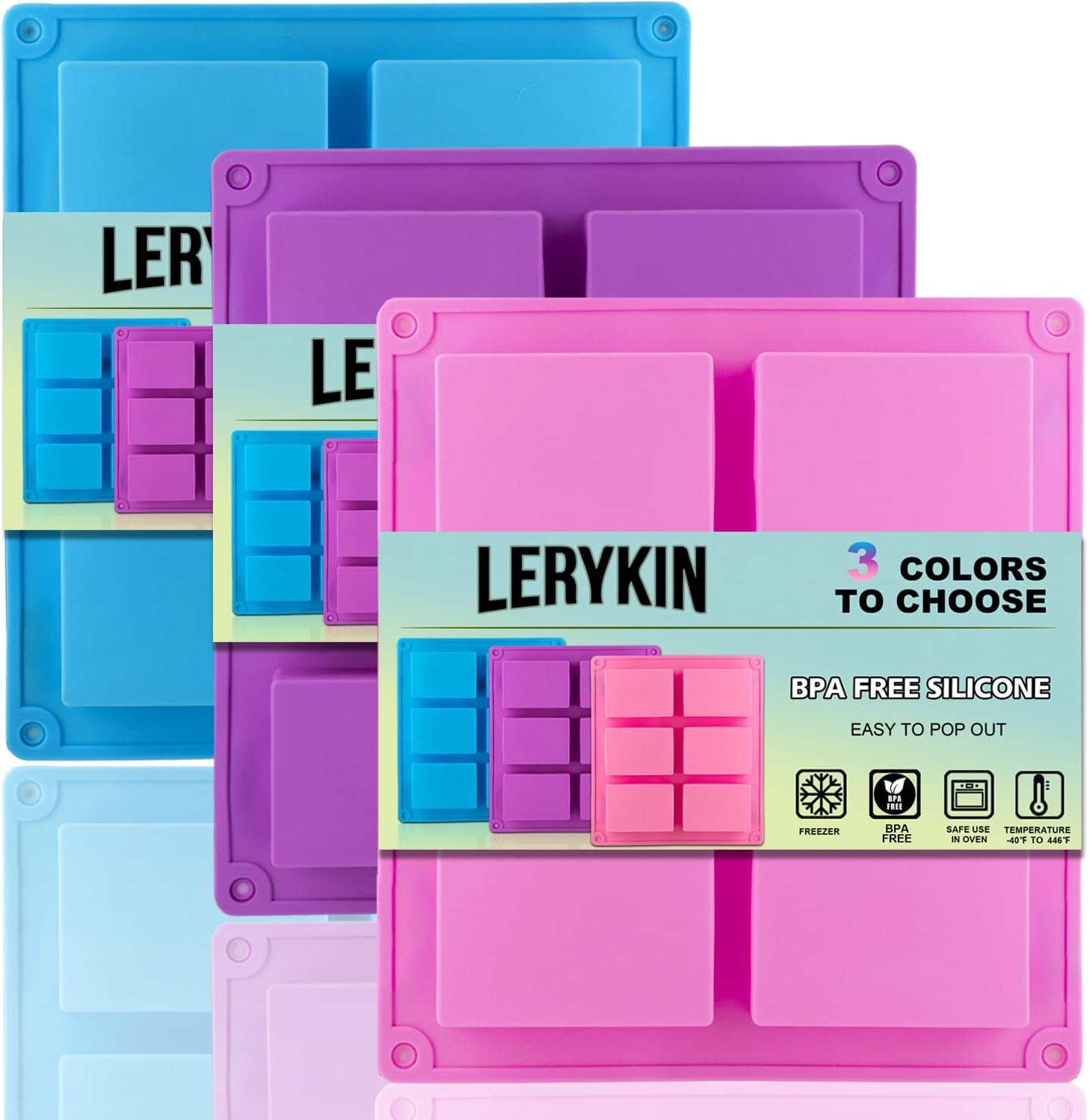 3 Pack Silicone Soap Molds, 6 Cavities Rectangle Silicone Mold, Great for Homemade Craft Soap Mold, Chocolate, Cake Molds & Ice Cube Tray - Just Pop Out(Pink & Blue & Purple)