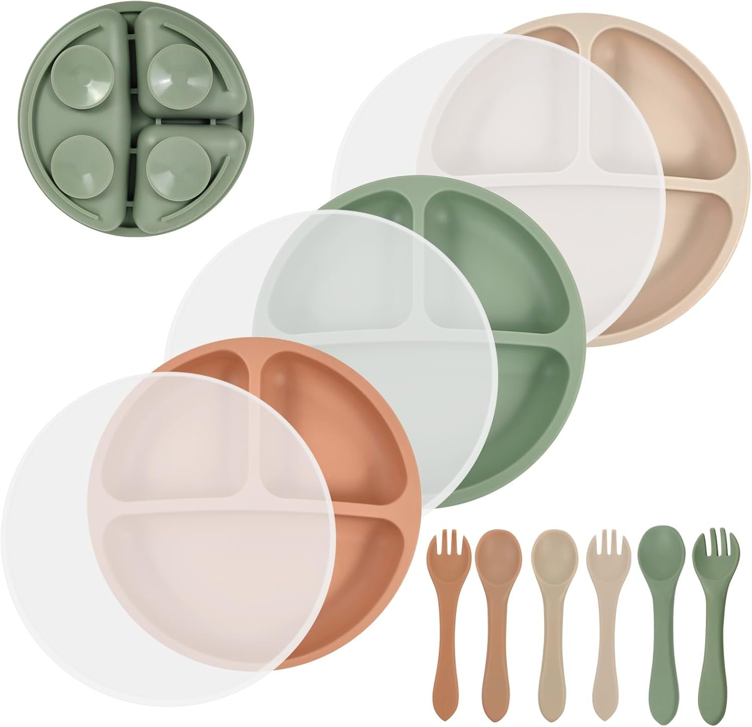 3 Pack Toddler Plates - Divided Suction Plates with Lids, 100% Silicone, Non-Slip, Microwave & Dishwasher Safe