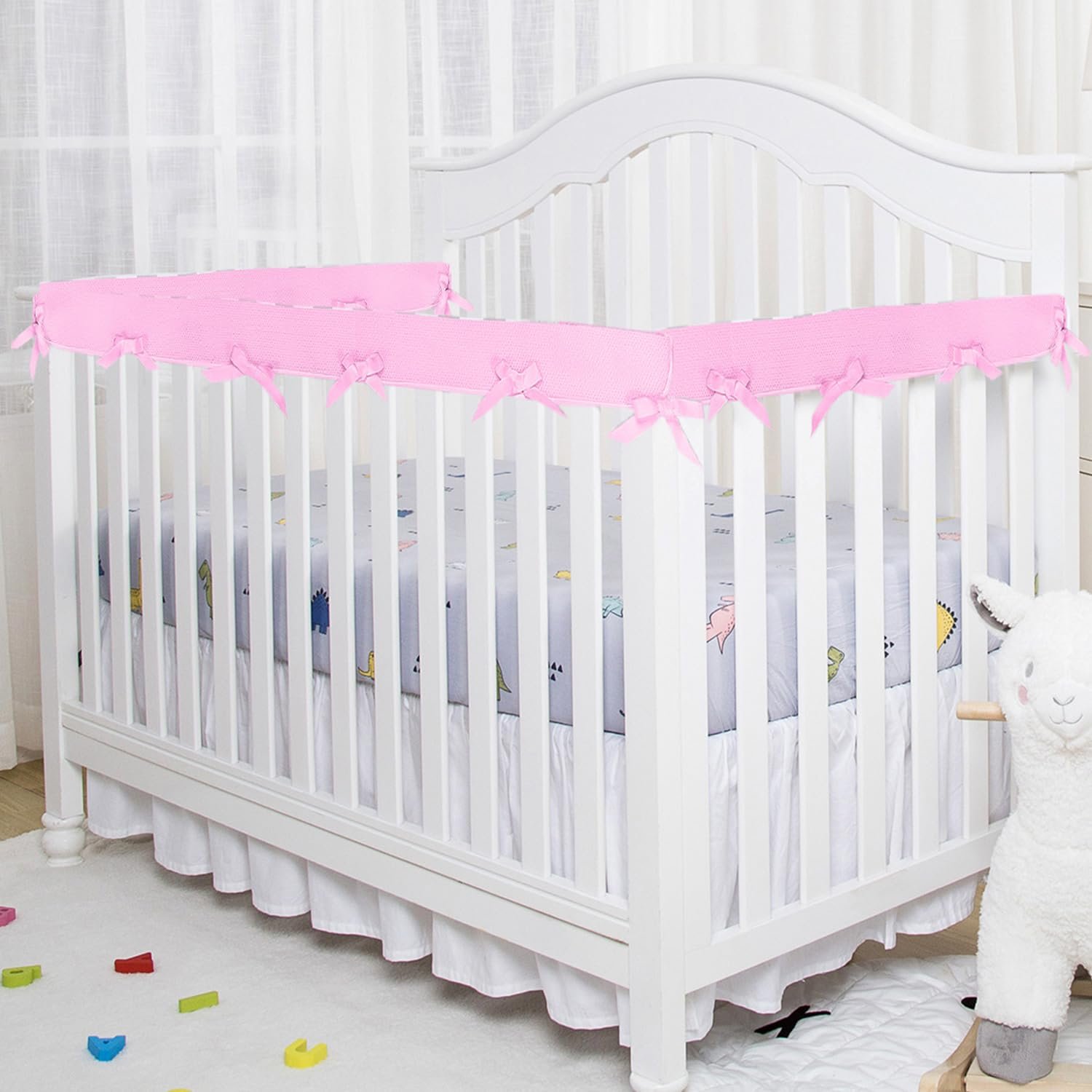 3Pcs Crib Rail Covers for Teething, 3-pcs Soft Anti-Collision Strip Corner Cover, Crib Teething Rail Cover (Pink)
