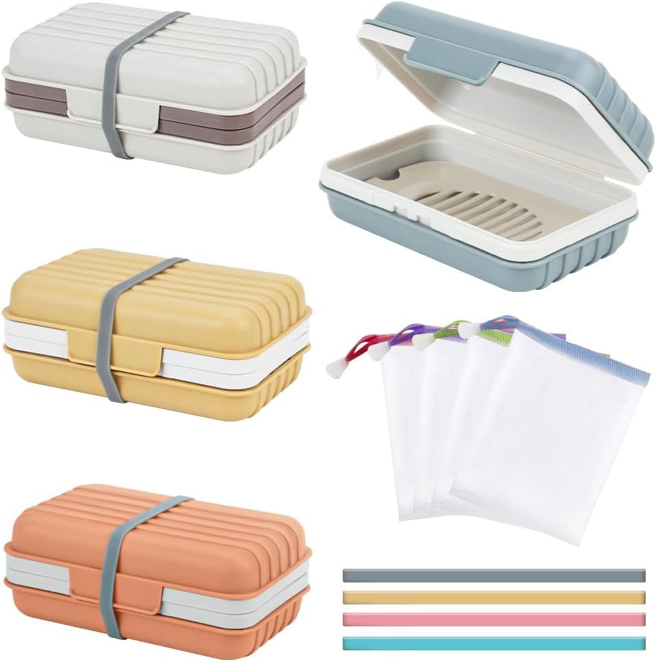 4 Pcs Travel Soap Case Set, Portable Soap Box with Removable Tray, Leak-Proof Dish for Hiking, Camping, Gym