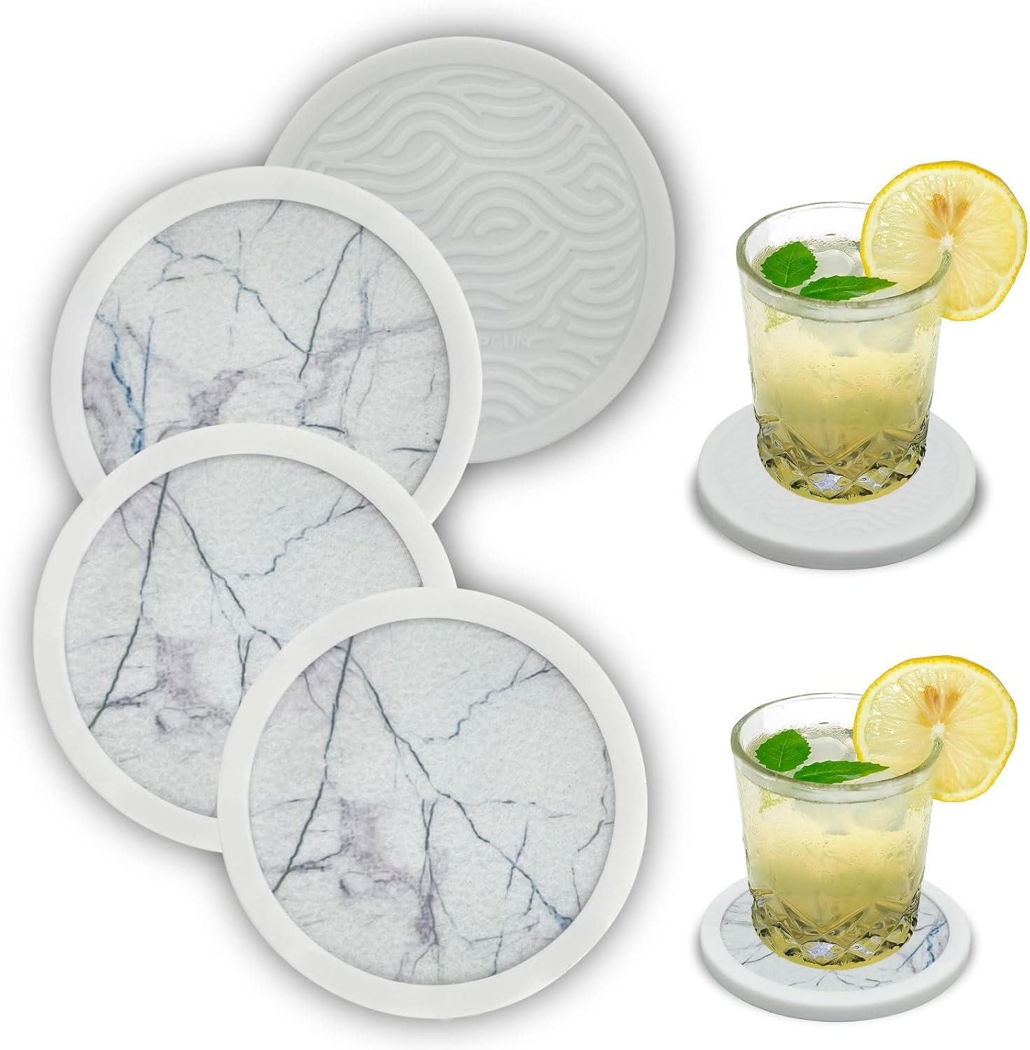 4-pack set of silicone double-sided anti slip coasters, suitable for hot and cold beverages, thick silicone and felt inserted into coaster gifts, suitable for home/office (white marble pattern)