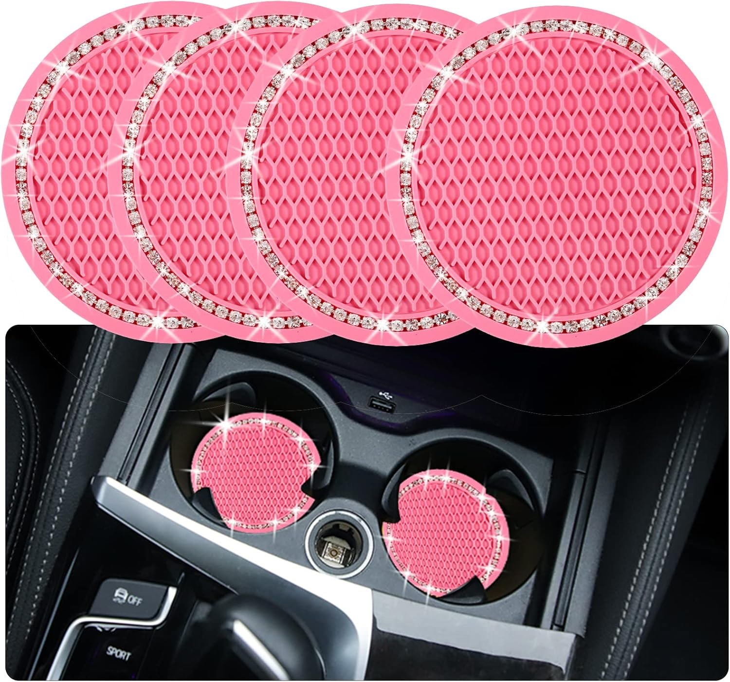 4PCS Bling Coaster, 2.75 Inch Auto Car Cup Holder Insert Coasters Silicone Anti-Slip Crystal Rhinestone Drink Mat, Universal Vehicle Interior Accessories for Women Girls (Pink)