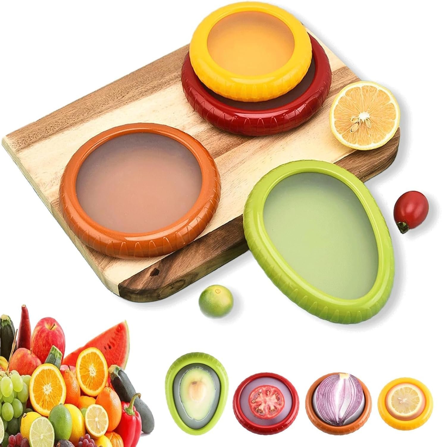 4Pack Silicone Fruit Storage Box, ilicone Fruit Storage Containers, Avocado Saver Onion Storage, Reusable Fresh Stretch Pod to Keep Fresh Vegetable,Fruit and Meat