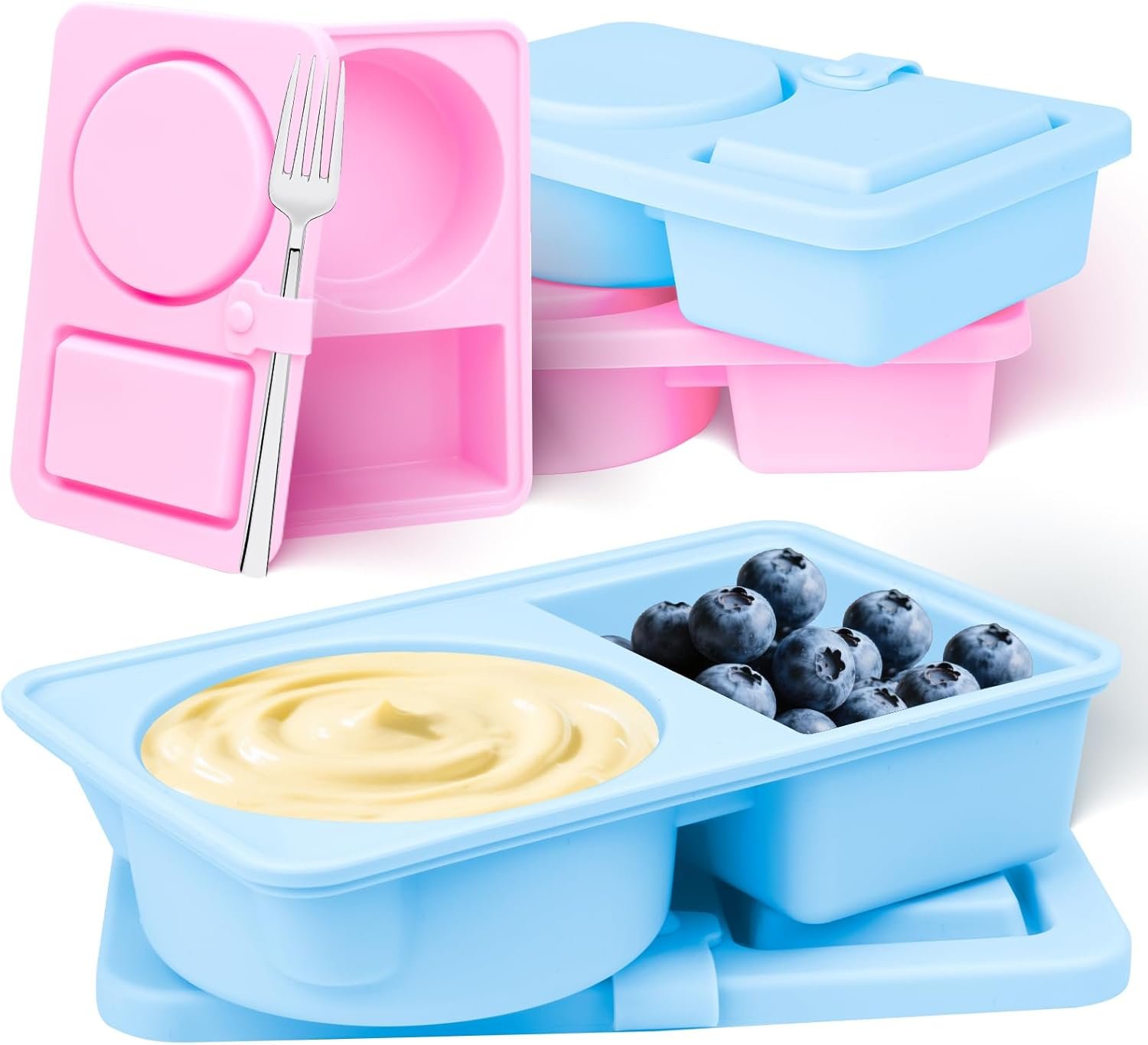 4Pack Silicone Snack Containers with Lids-Reusable,Snackle Box Container for Kids,Adults or Couple Lunch, Fruits,Snacks and Travel, Office, Picnic, Dishwasher Safe Double Compartment Small Snack Box