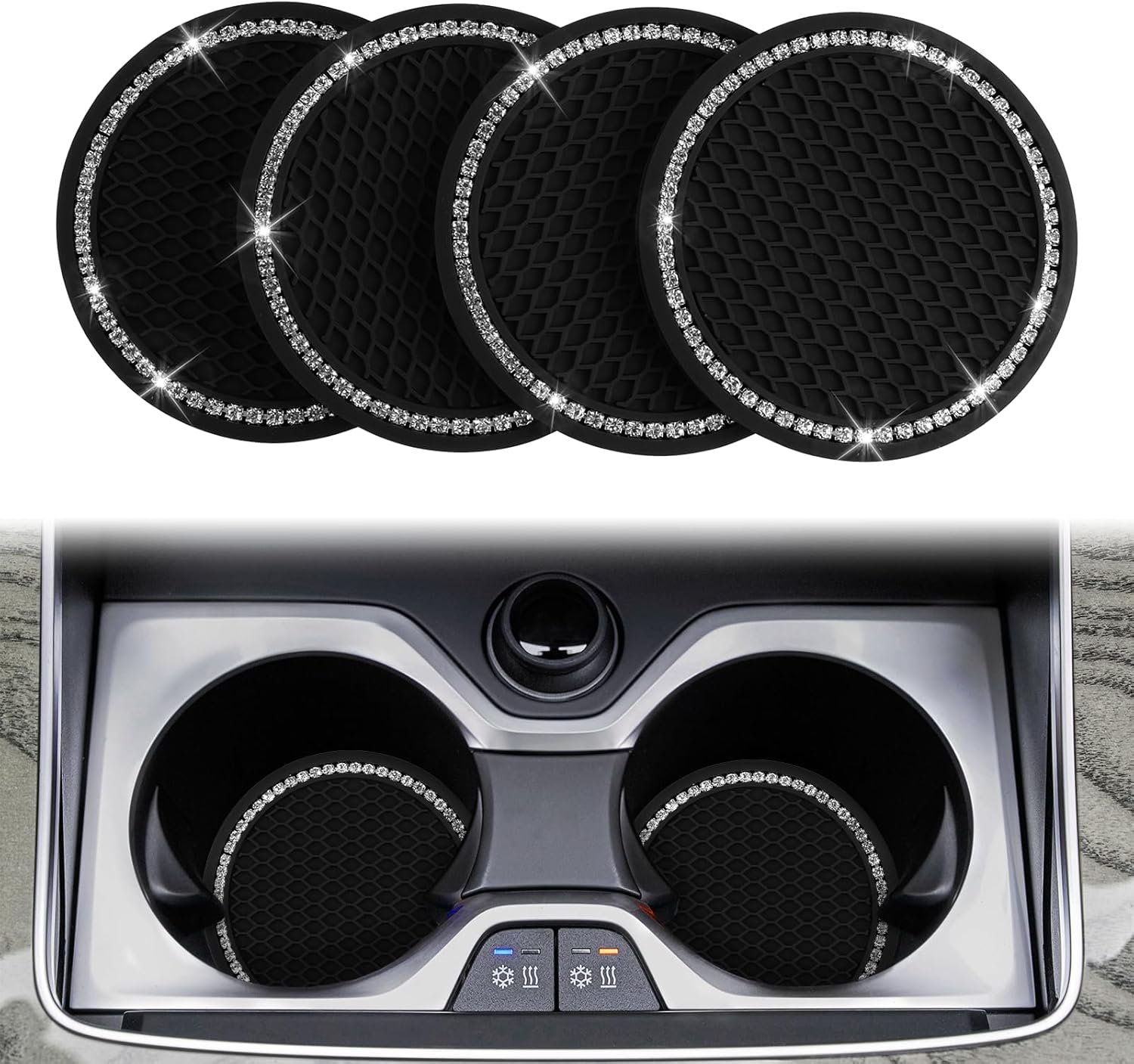 4Pcs 2.75 Inch Bling Auto Car Cup Holder Insert Coaster, Silicone Anti-Slip Crystal Rhinestone Drink Car Cup Mat, Girl Cars Accessories Interior, Universal Vehicle Interior Accessories for Girls Women