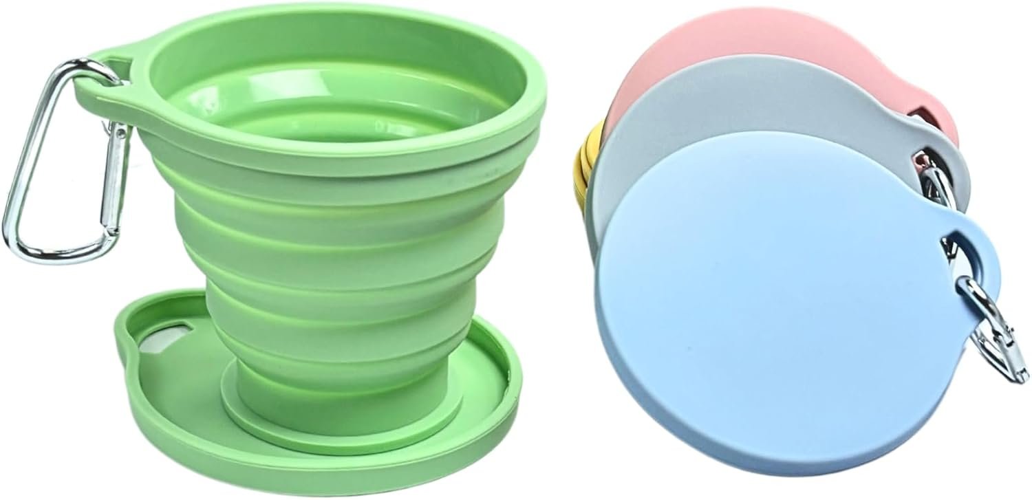 5 Pack Collapsible Silicone Cups with Lids and Carabiners - 180ml Reusable Portable Folding Drinking Cup for Camping, Hiking, Travel, Office & Daily Use (10.4oz, Sky Blue/Pink/Green/Yellow/Gray)
