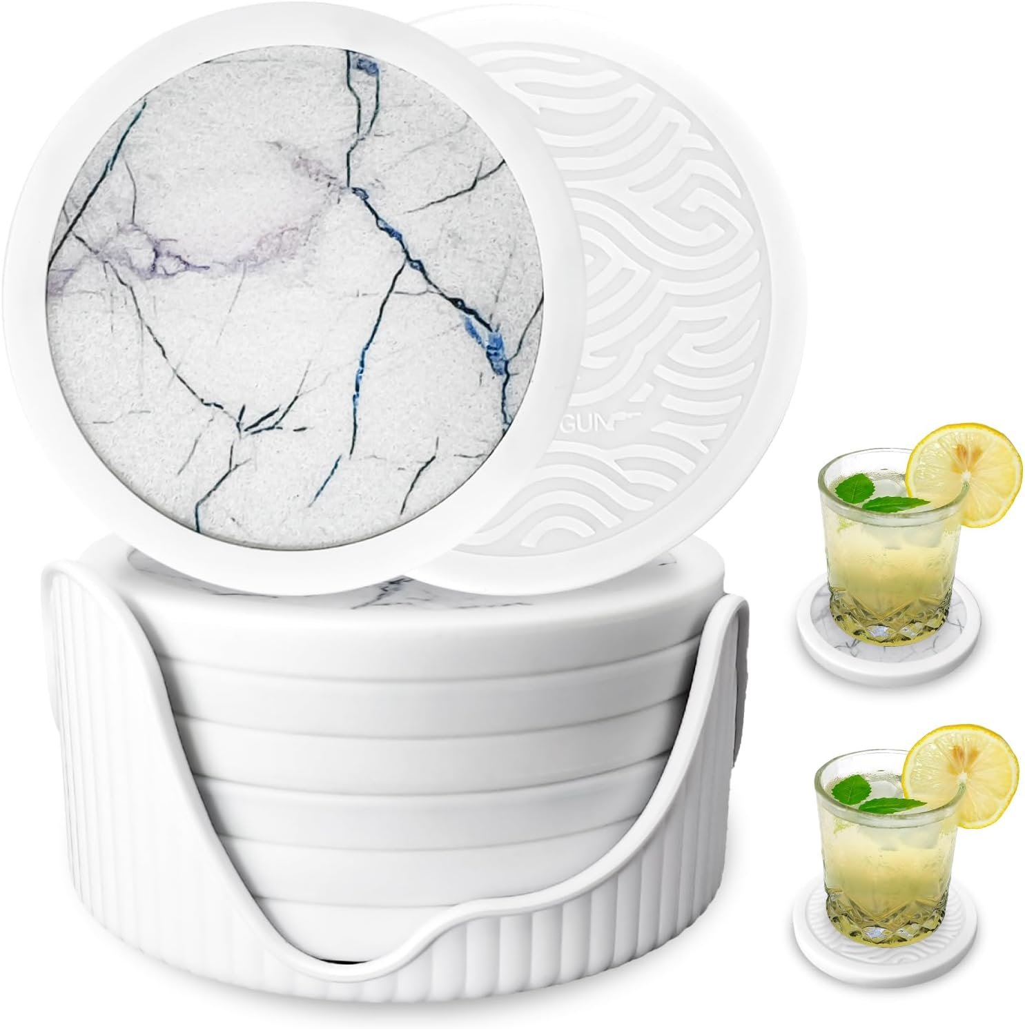6-Pack Silicone Drink Coasters with Holder - Double-Sided Non-Slip Coaster Set for Hot/Cold Drinks, Thickened Silicone & Felt Insert Cup Mat Gift for Home/Office (White Marble Pattern)