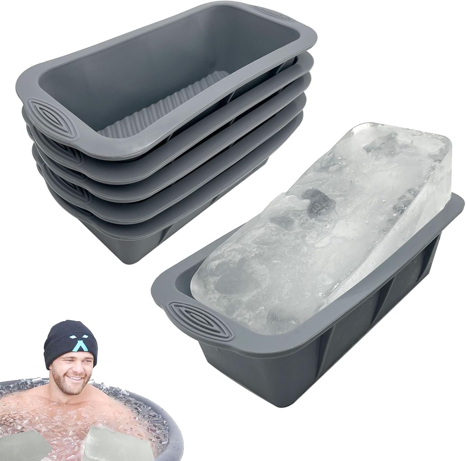 6Pcs Extra Large Ice Block Mold, YINOWON Large Silicone Ice Molds for Ice Bath, Large Ice Cube Molds for Cold Plunge Or Coolers, Ice Tray for Bath (6pcs Gray)