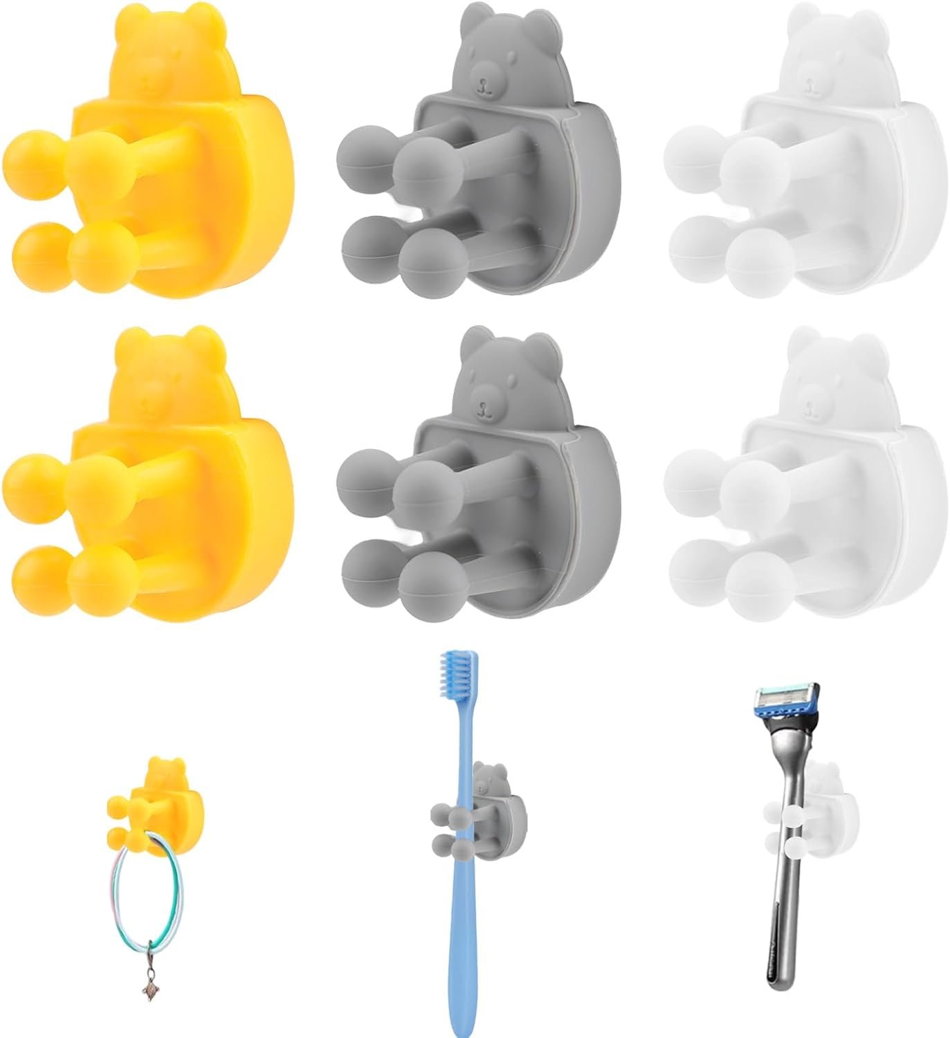 6Pcs Silicone Toothbrush Holders, Multi-Function Waterproof Self Adhesive Wall Mounted Hook for Hanging Razor Key Plug Cable Towel, Utility Plug Holder for Bathroom Kitchen