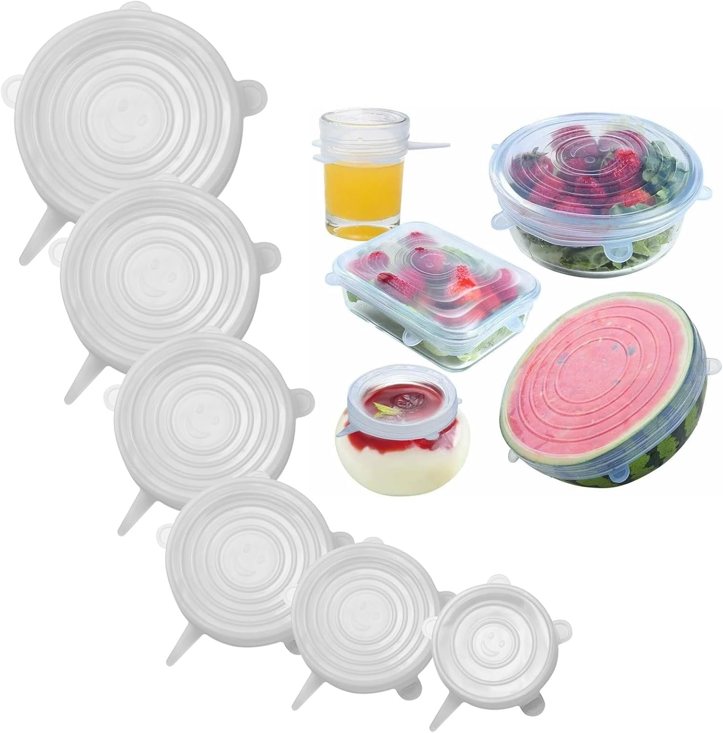 6pcs Silicone Stretch Lids 6 Sizes Round Reusable Silicone Bowl Covers BPA-free Keep Food Fresh Silicone Food Covers for Various Food Containers & High and Low Temperature Scenarios