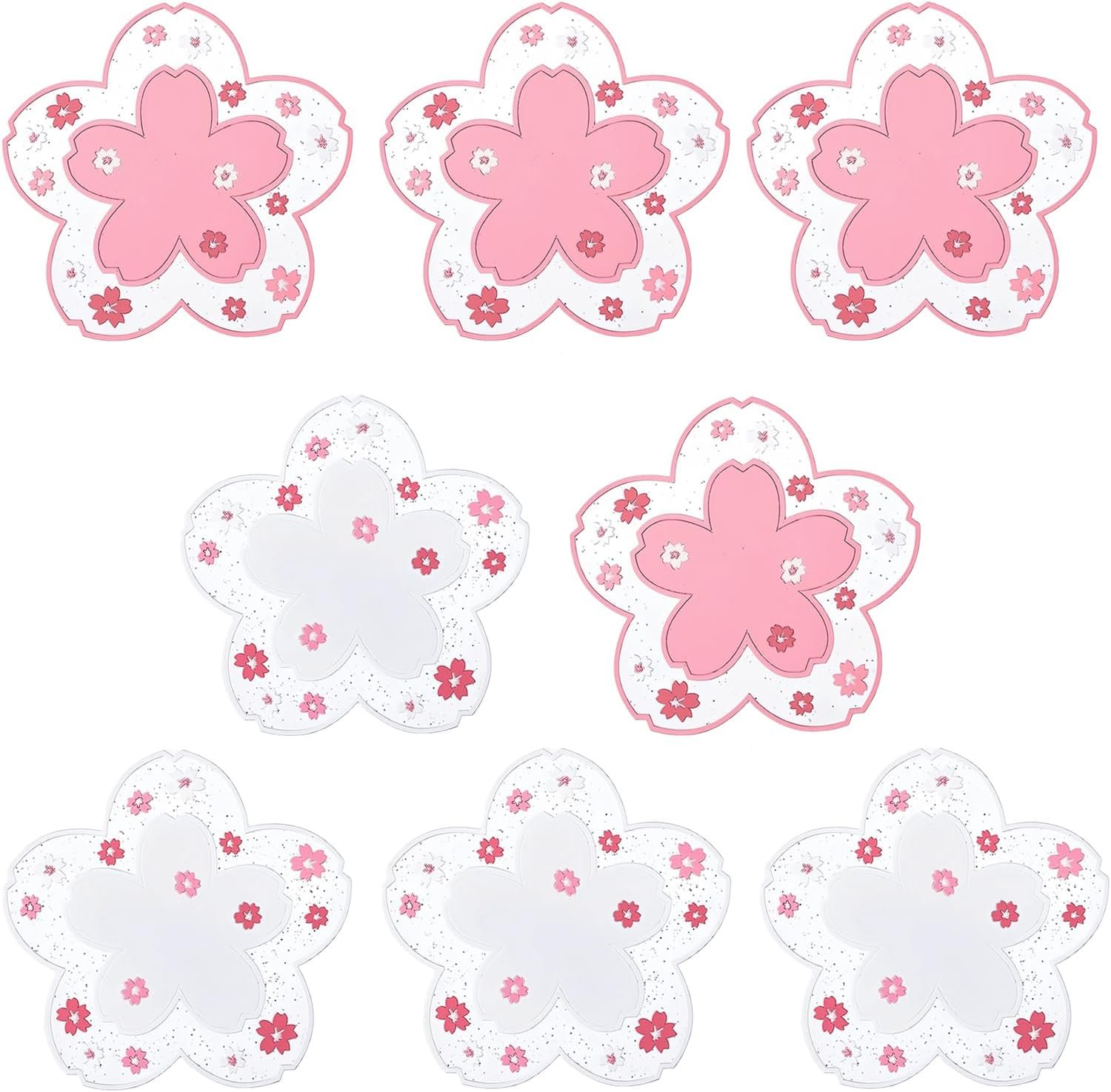 8 Pcs Sakura Coasters for Drinks Cute Pink Cherry Blossom Coaster for Coffee Non-Slip Washable Heat Resistant Silicone Coaster, Gift for Mom Wife Girlfriend Women Kids (4 Pink & 4 White)