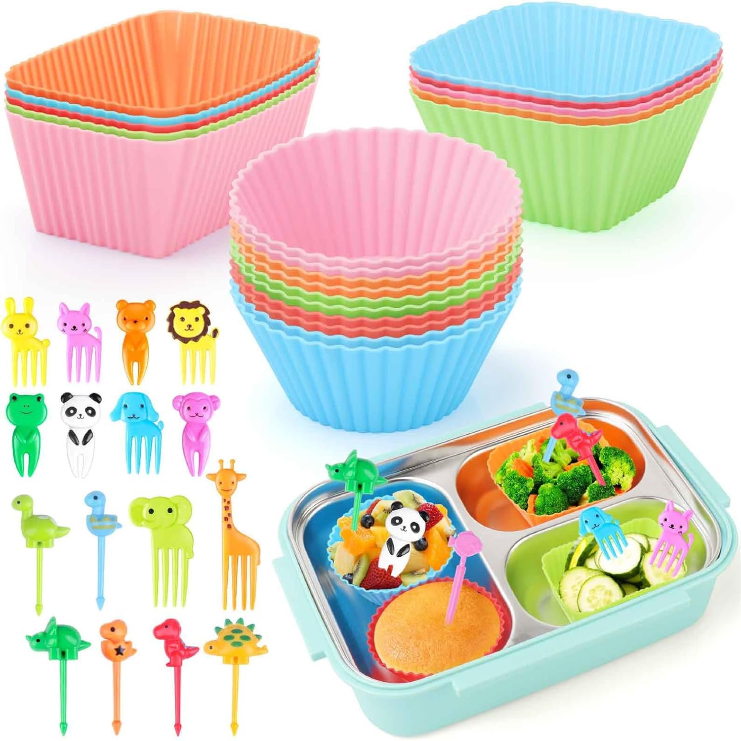 80PCS Silicone Lunch Box Dividers Kit, Reusable Silicone Cupcake Liners Muffin Cups, Fun Lunchbox Bento Box Accessories, Cute Food Picks for Kids (20 Baking Cups + 60 Animal Picks)