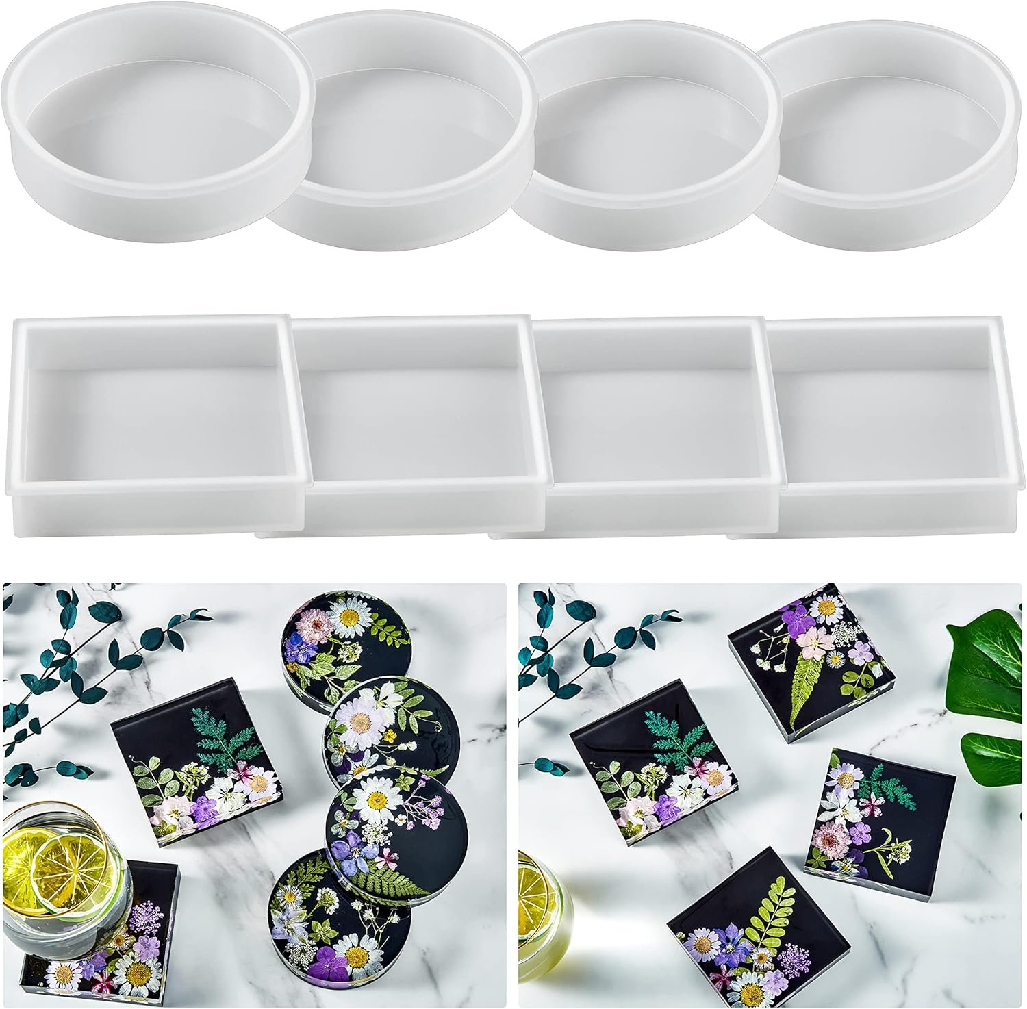 8Pcs Resin Coaster Molds Set, Include 4 Square and 4 Round Thick Silicone Molds for Epoxy Resin Casting DIY Coaster, Cups Mats, Home Decoration
