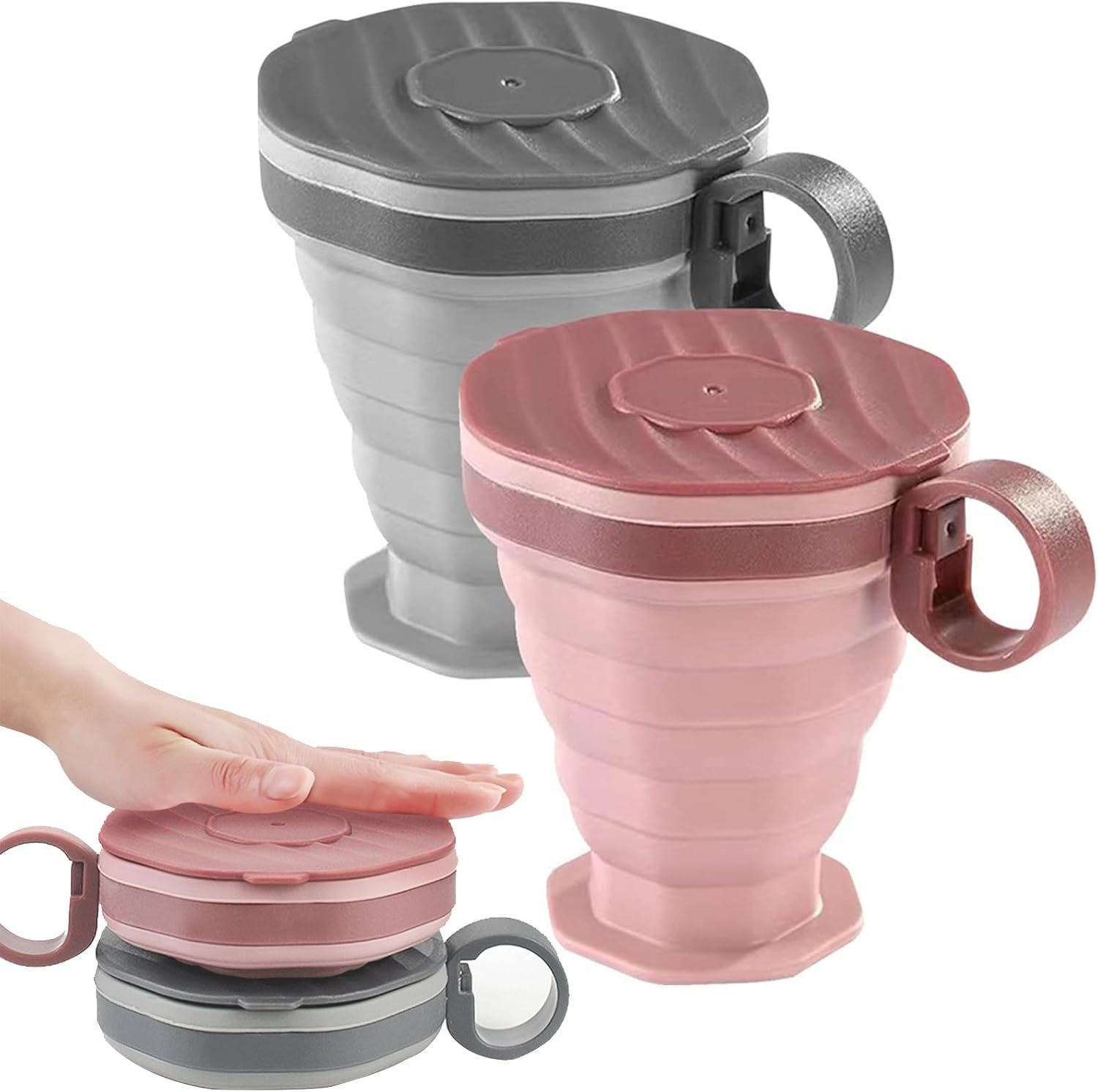 ABSOK Pack of 2 foldable silicone cups, foldable travel cups with plastic lids, reusable portable cup set suitable for camping and hiking