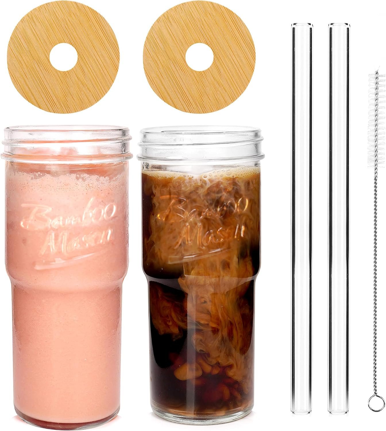 ANOTION Glass Cups with Lids and Straws 2 Packs, 24oz Travel Coffee Mug Wide Mouth Bamboo Mason Jar Iced Coffee Cup Smoothie Cup Glass Tumbler Tea Cup Clear Cute Water Cups Drinking Jars Glasses