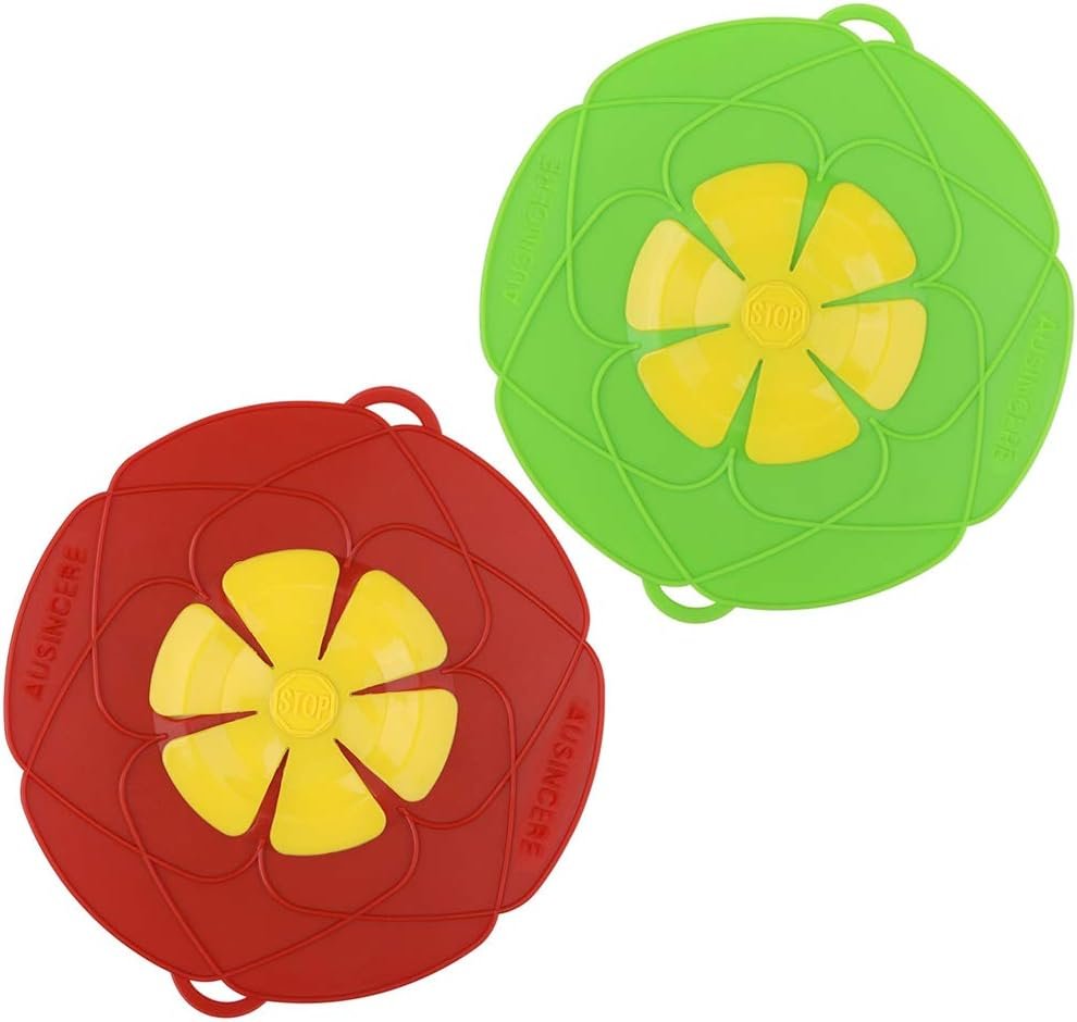 AUANDYU 2-in-1 Spill Stopper Lid Cover and Boil Over Safeguard, Silicone Pot Pan Lid Multi-Function Kitchen Tool (Green and Red)