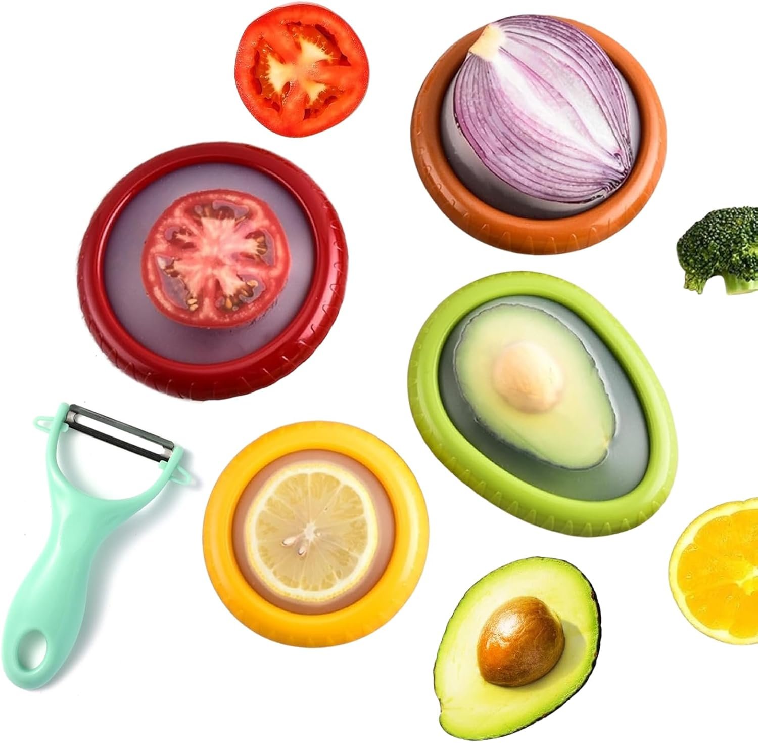 Avocado Saver and Lemon Holder Set – 4 Reusable Silicone Food Storage Containers for Fridge, Stretch Pods for Fruit & Veggie Storage, Includes Fruit Peeler
