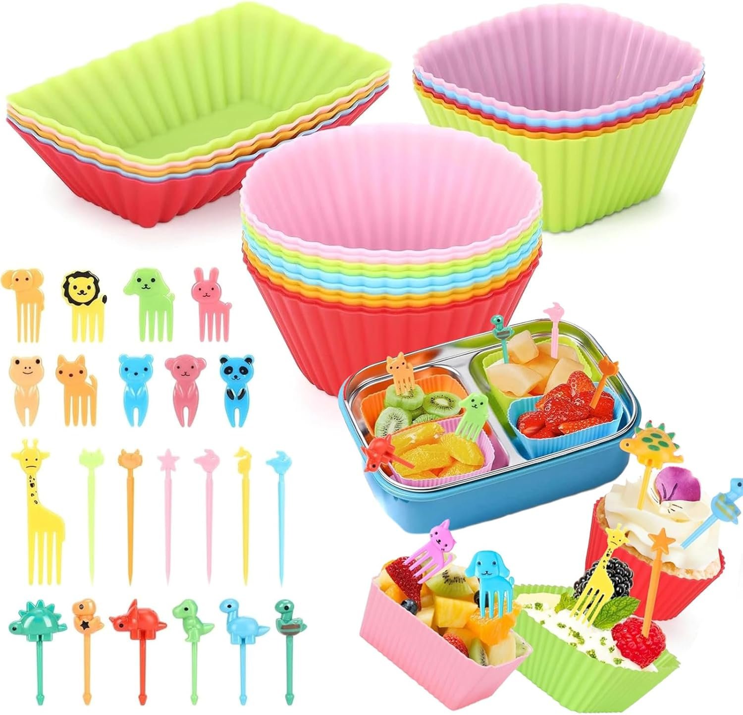 Axlksia 80 Pcs Silicone Lunch Box Dividers Set, Reusable Cupcake Liners for Baking, Colorful Lunch Bento Box Accessories with Cute Animal Food Picks for Kids (20 Cupcake Liners + 60 Animal Picks)