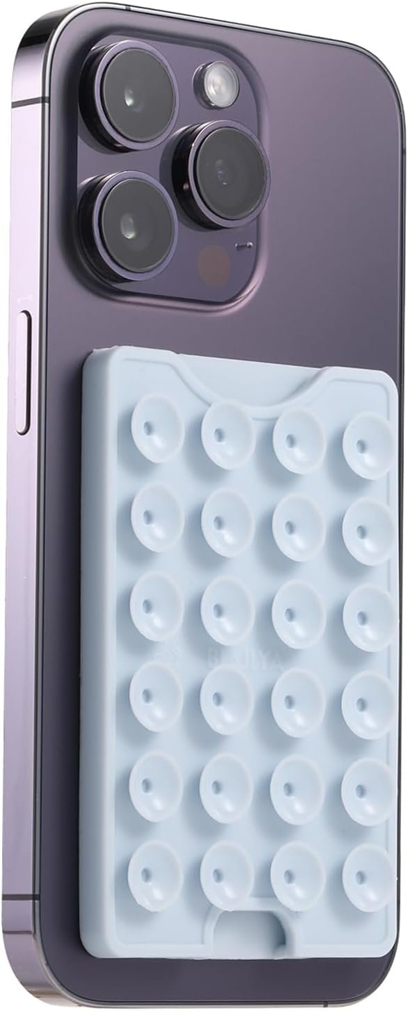 BIAJIYA Suction Phone Card Holder, Phone Wallet for iPhone and Android, Hands-Free Sticky Phone Grip Card Holder Stick On Phone Case for Videos and Selfies (Light Blue)