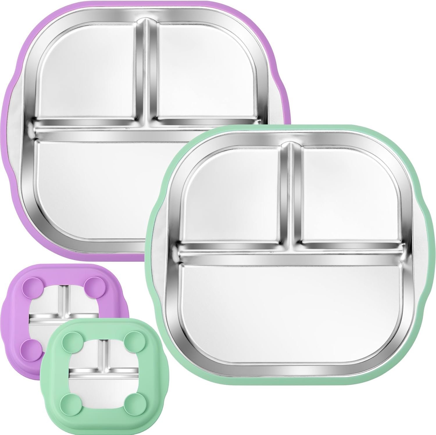 BUSOHA 2 Pack Stainless Steel Kids Plate with Suction - 9.4"X 8.6" Divided Toddler Baby Plates with Silicone Sleeves Non-Slip 2-in-1 Anti Breakage Metal Toddler Bowls
