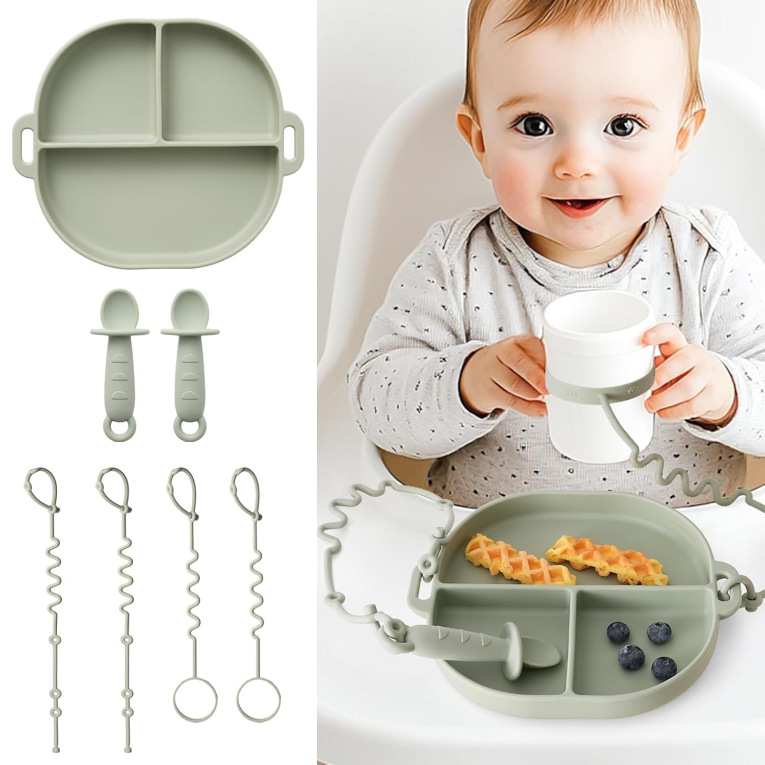Baby Plates with Suction Silicone Baby Spoons Divided Baby Plates Silicone Baby Safety Toy Straps Baby Bottle Bungees Baby Feeding Set All-in-one-Sage
