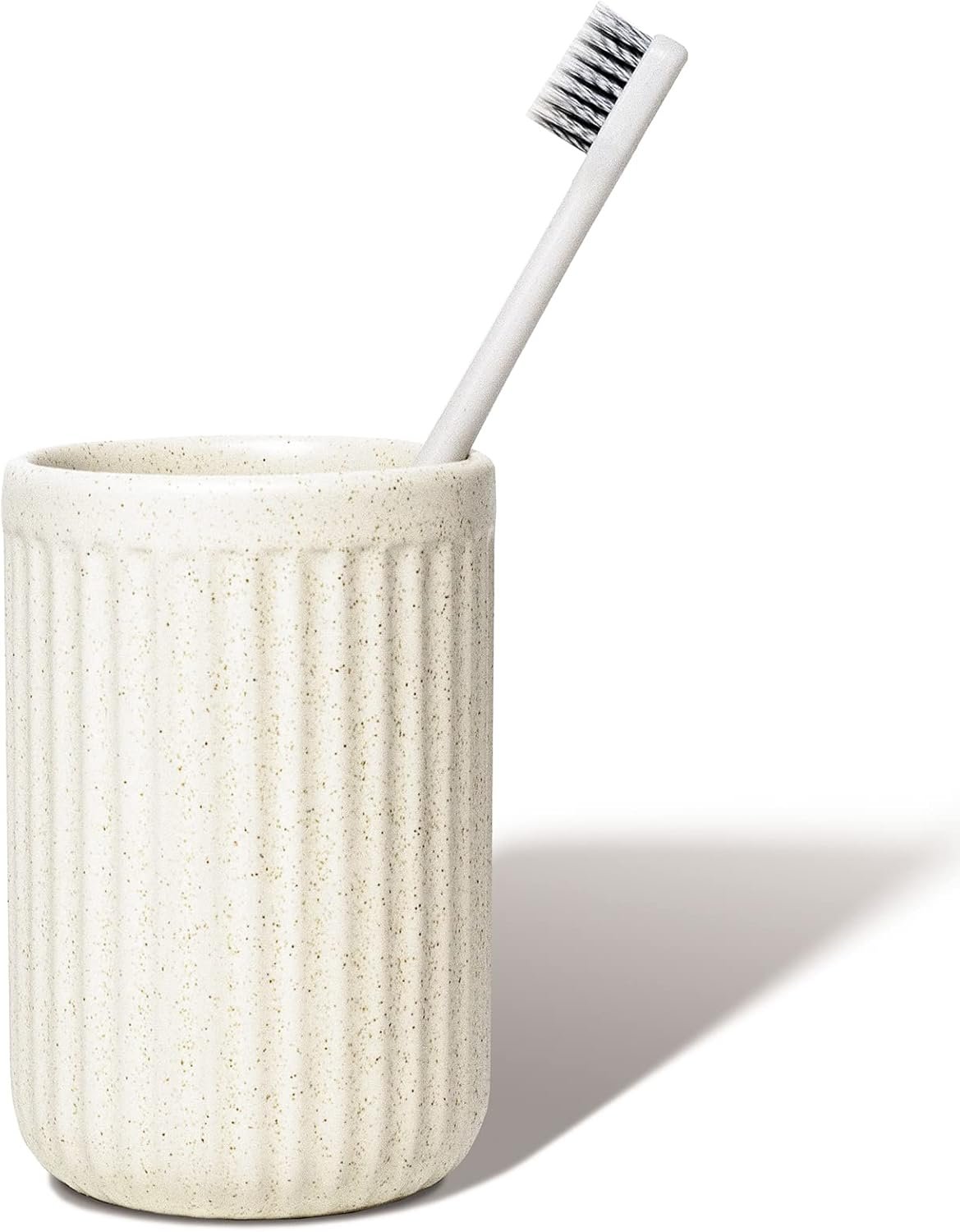 Beige Speckled Ceramic Toothbrush Holder, Rippled Cylinder Tumbler for Bathroom Countertop, Makeup Brush Holder, Pen Organizer, Multipurpose Bathroom Accessory