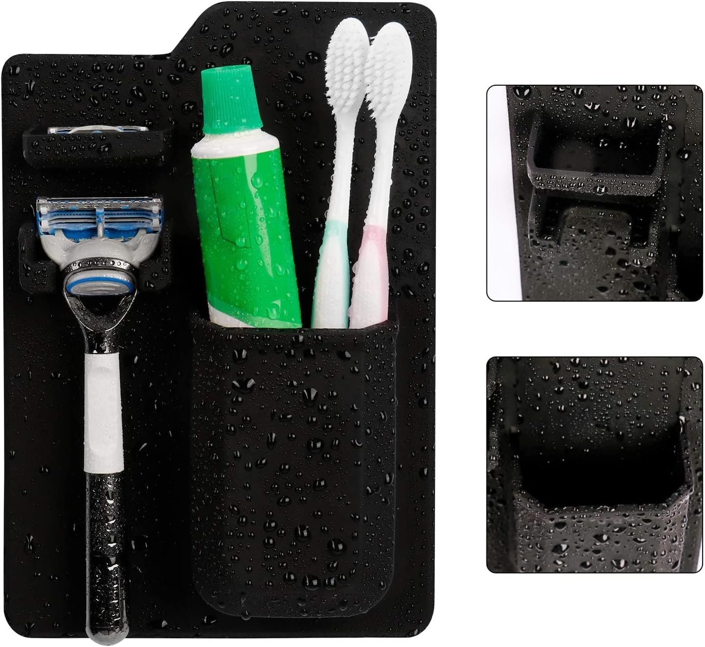 Black Toothbrush Holder, Silicone Toothbrush Holder Shower Razor Holder for Bathroom Hanging Adhesive Wall Mount Toothbrush Bathroom Storage Organizer with Silicone Grip Technology