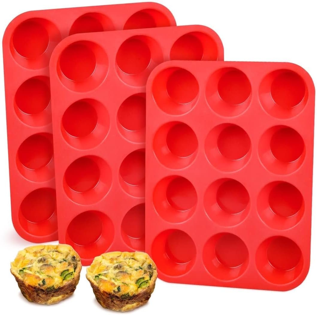 CAKETIME Silicone Muffin Pan, 12-Cup Cupcake Pan for Baking 3 Pack Nonstick Food Grade Silicone Muffin Tray