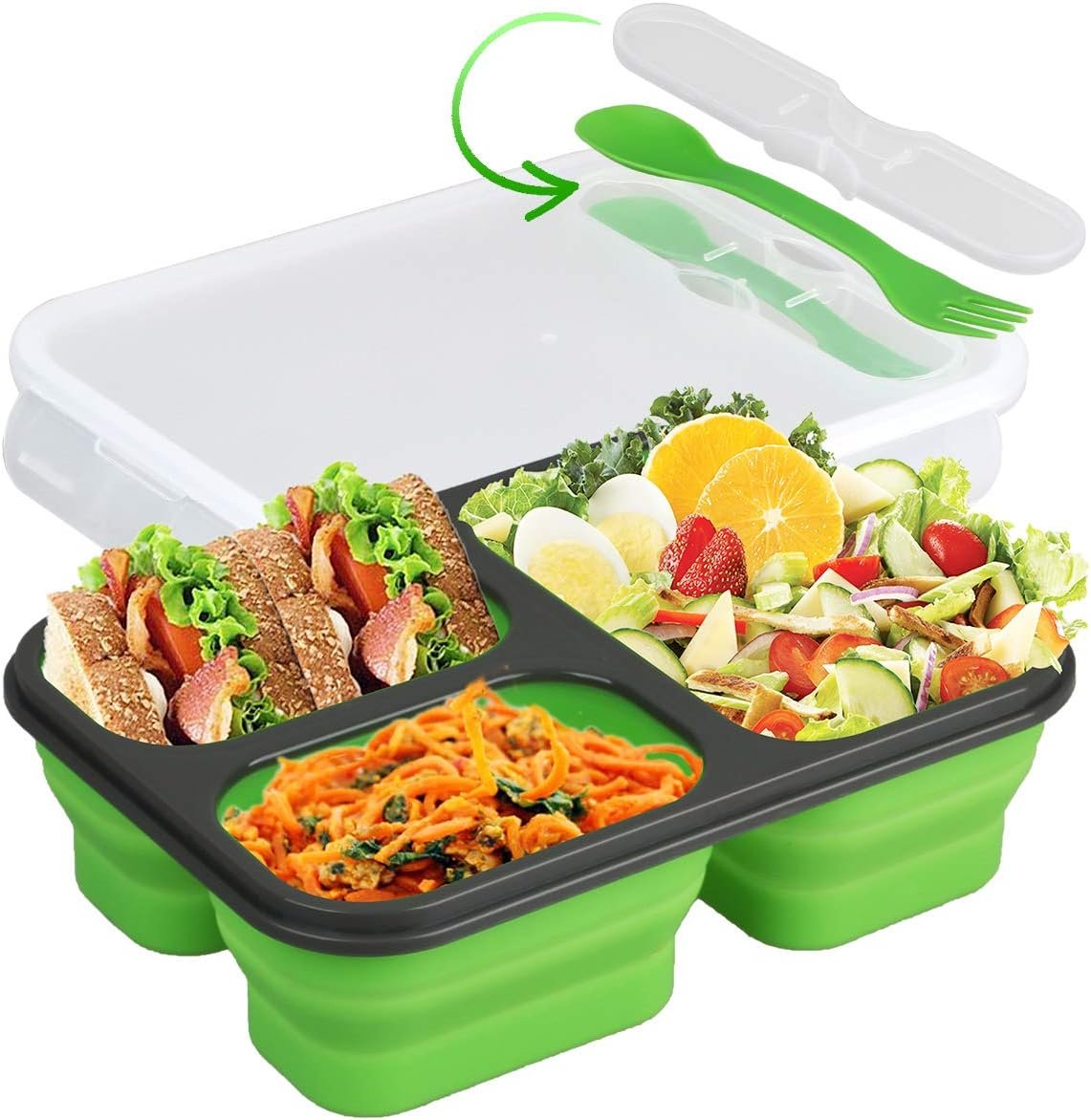 CORESLUX Collapsible Silicone Bento Lunch Box, 3 Compartment Eco Foldable Lunch Food Container, BPA Free, Safe in Microwave, Dishwasher & Freezer (Green)