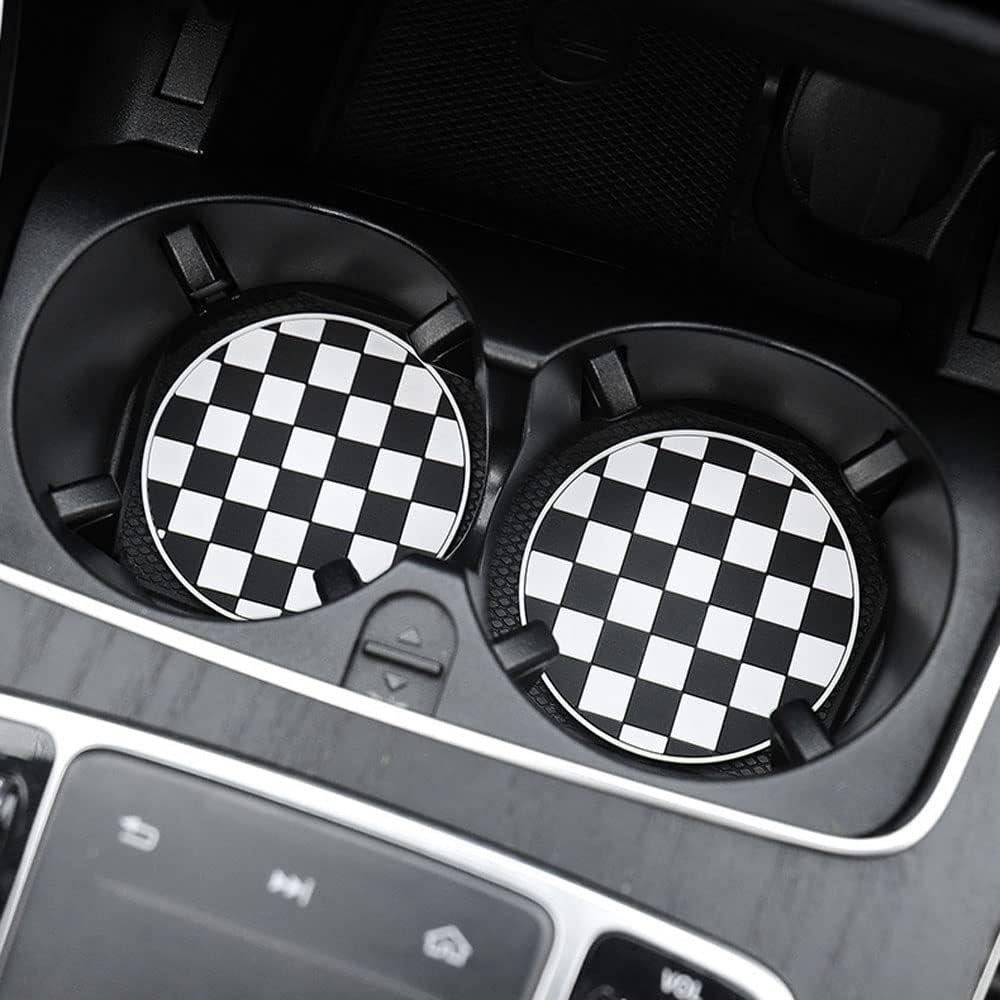 Car Coasters for Cup Holder Silicone, Car Cup Holder Coasters Pack of 2, Fashion Black White Checkerboard Gird